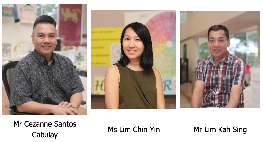 Three portrait photos of Mr Cezanne Santos Cabulay, Ms Lim Chin Yin, and Mr Lim Kah Sing smiling at the camera.