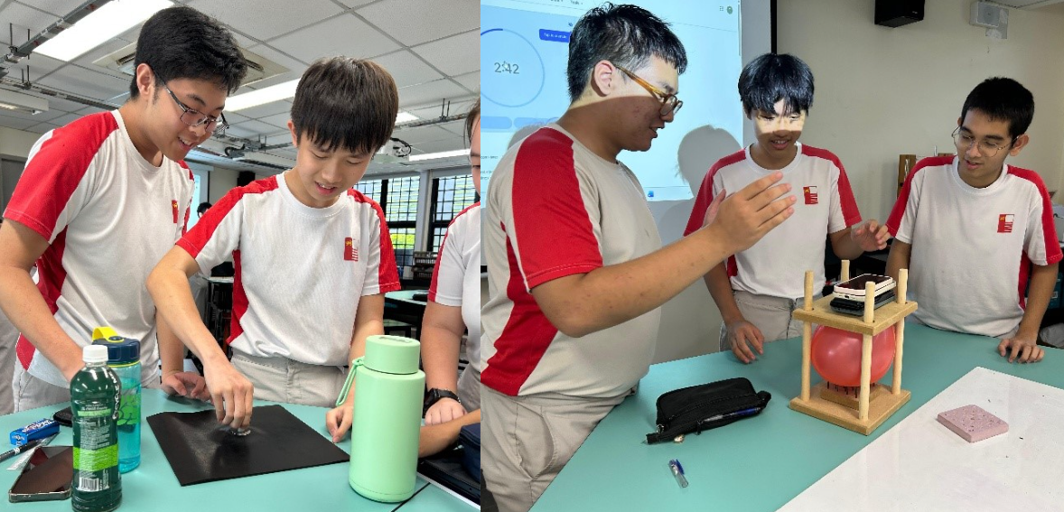 Students in matching uniforms work on hands-on science experiments at tables with a wooden frame, balloon, and bottles.