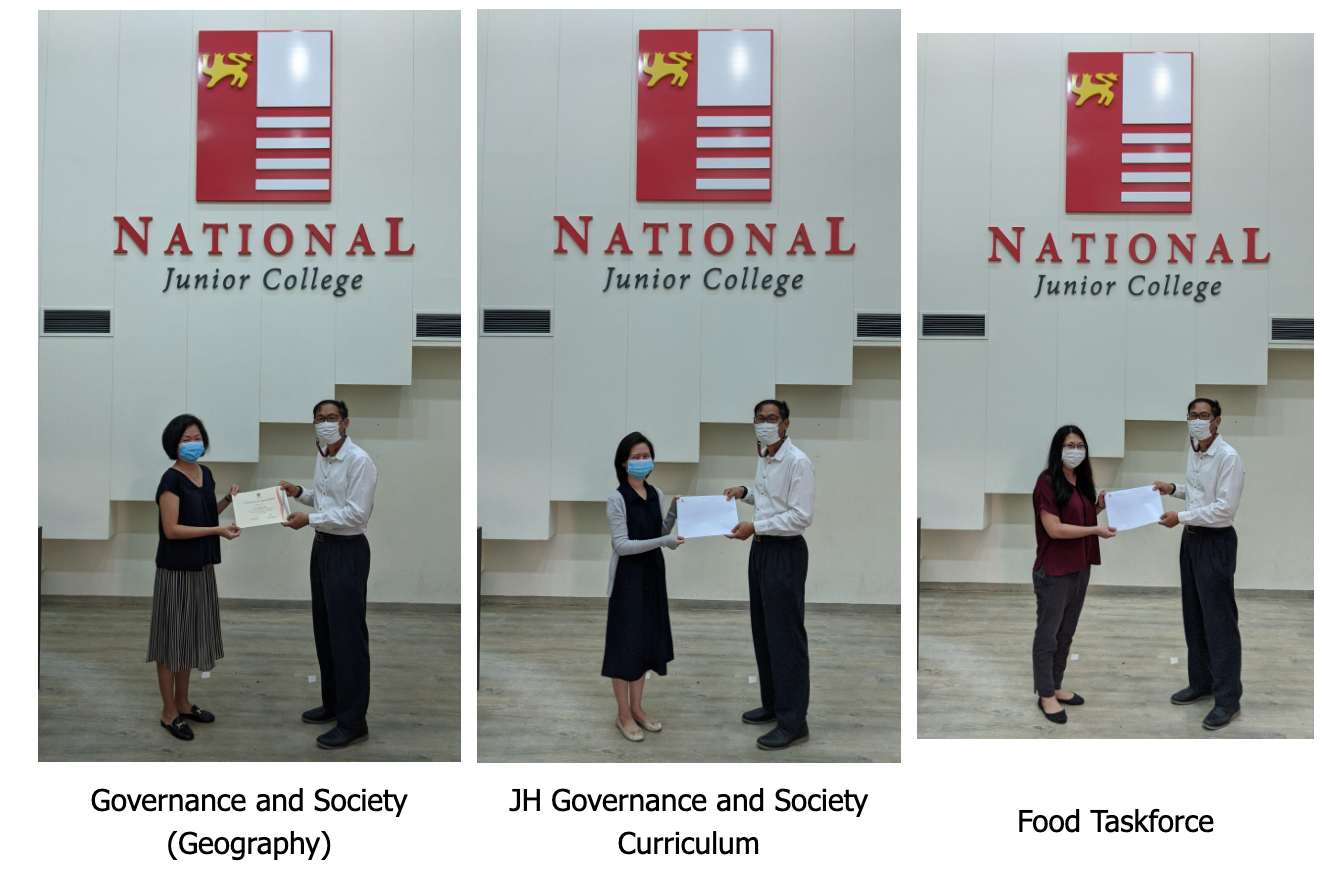 Three pairs of masked individuals exchange documents in front of a National Junior College sign in each panel.