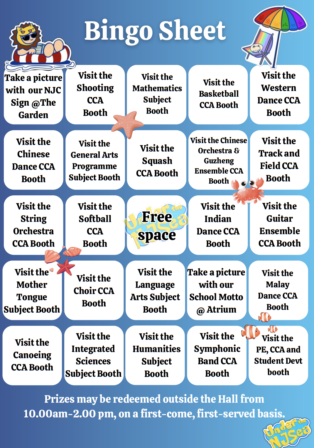 A school bingo sheet listing 25 activity tasks such as visiting CCA and subject booths, with a free space in the center.