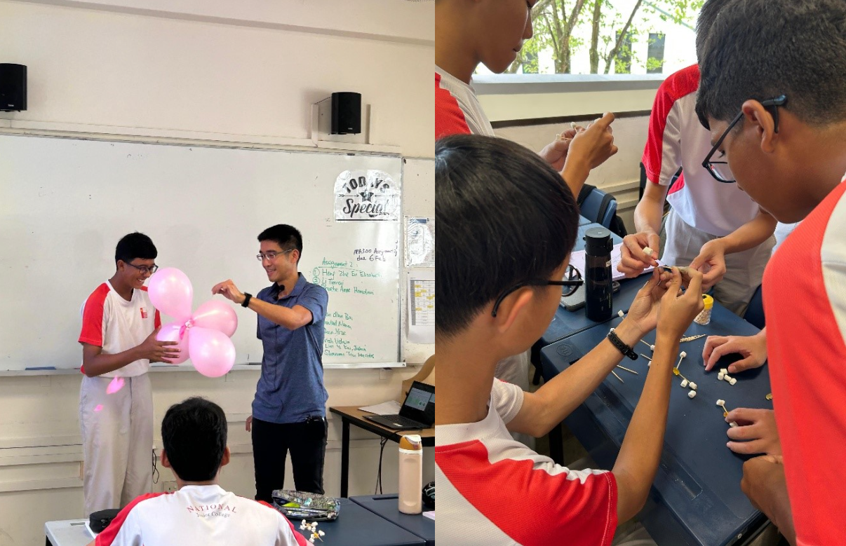 Students in a classroom with pink balloons on the left, and students building a small structure with marshmallows and sticks on the right.