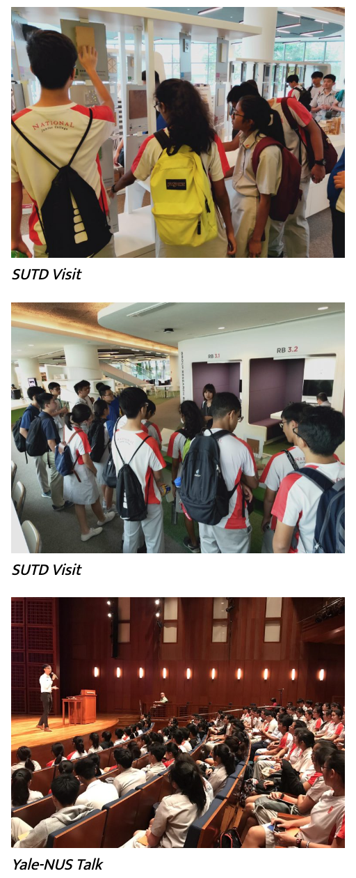 Three photos showing uniformed students on SUTD campus visits and attending a Yale-NUS Talk in an auditorium.