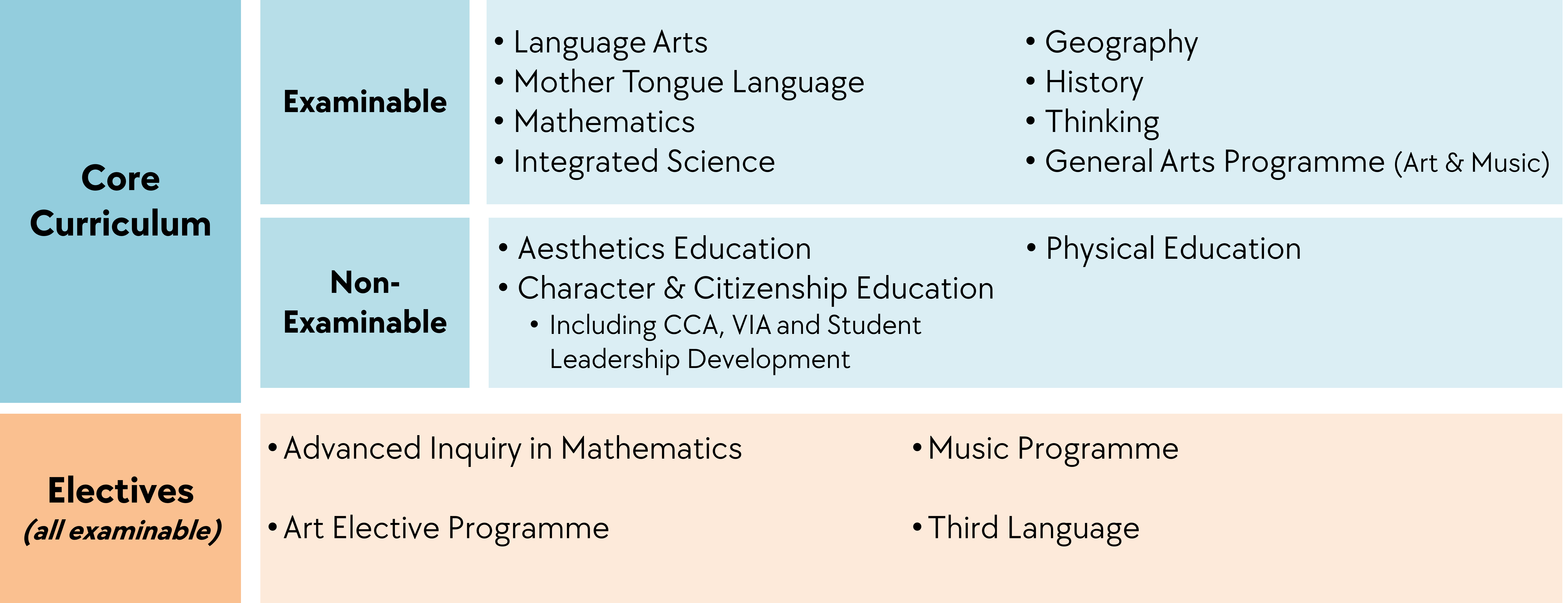 Table showing Core Curriculum split into Examinable and Non-Examinable subjects, plus all-examinable Electives.