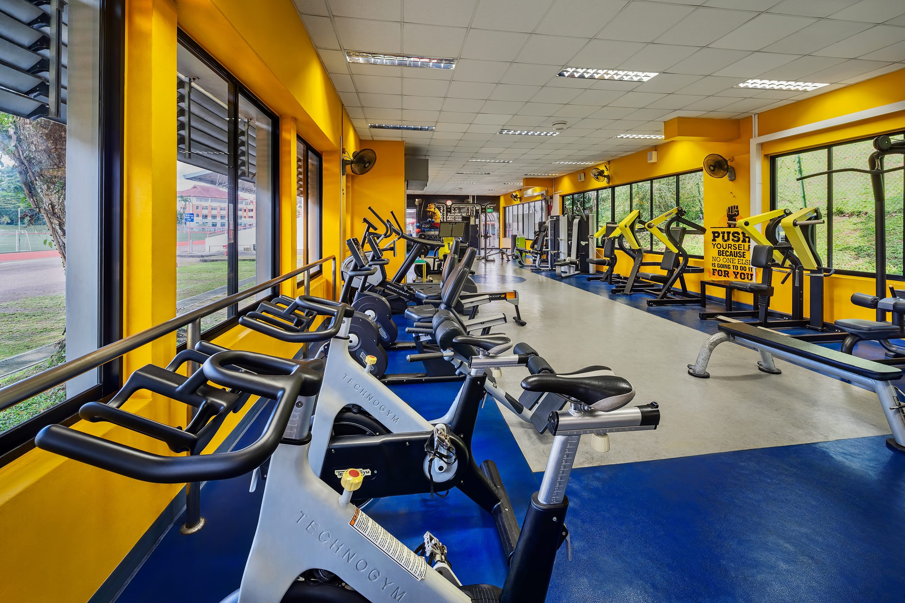 Bright yellow gym with large windows, blue floor mats, and rows of exercise bikes and weight machines.