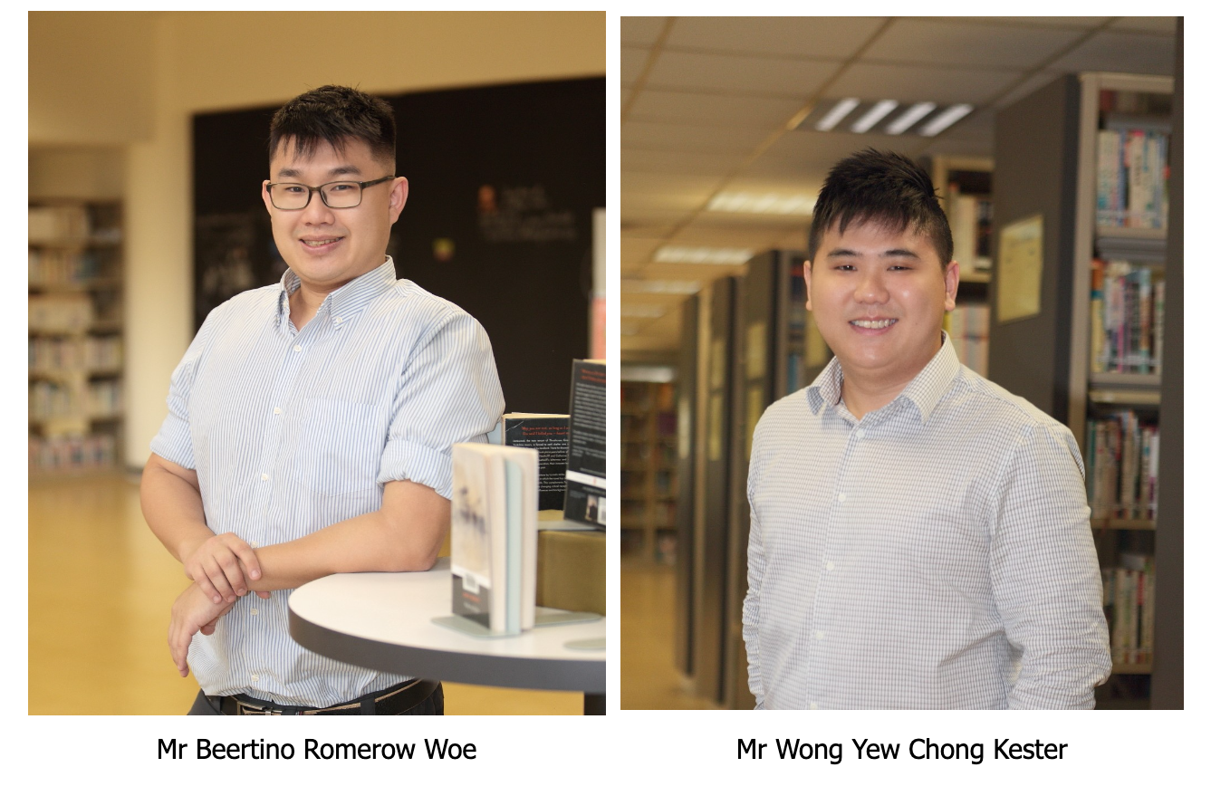 Two smiling men, Mr Beertino Romerow Woe and Mr Wong Yew Chong Kester, posed separately in a library setting.