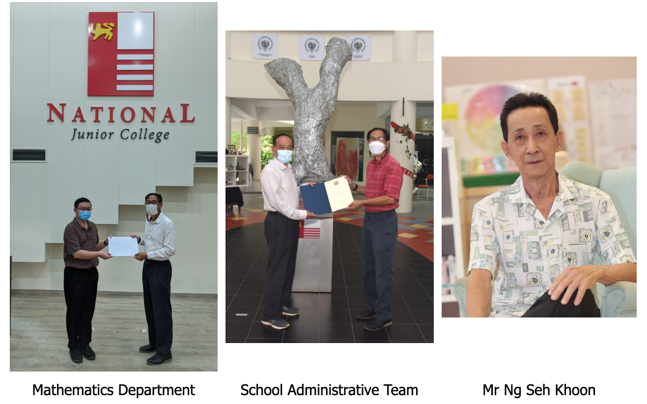 Three photos showing masked staff exchanging documents at National Junior College and a portrait of Mr Ng Seh Khoon.