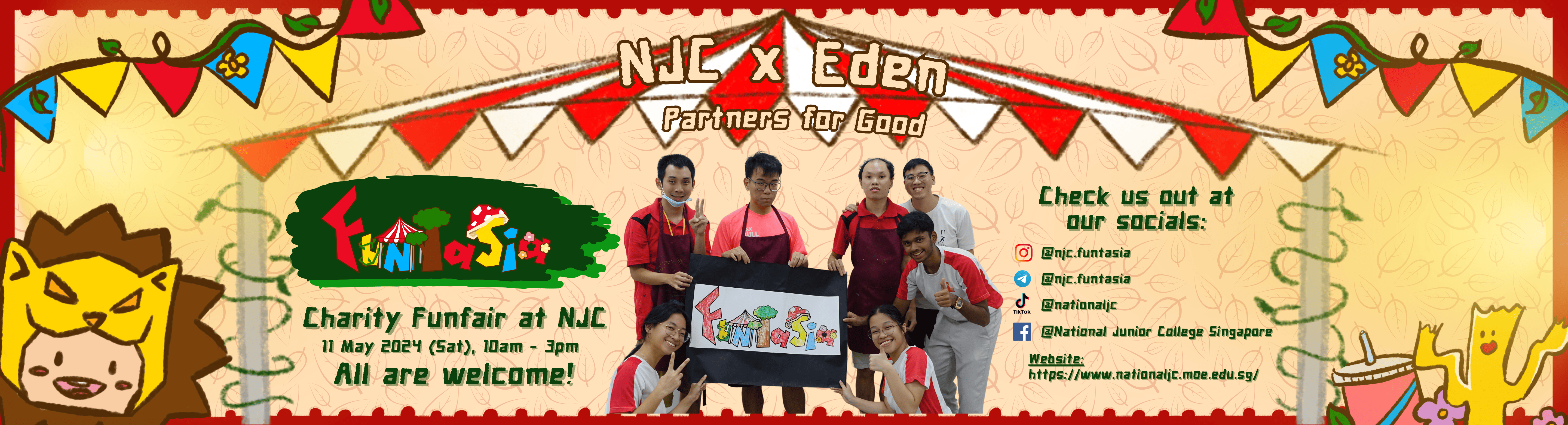 Colorful banner for NJC x Eden Funtasia Charity Funfair on 11 May 2024, featuring a group of students holding a sign.