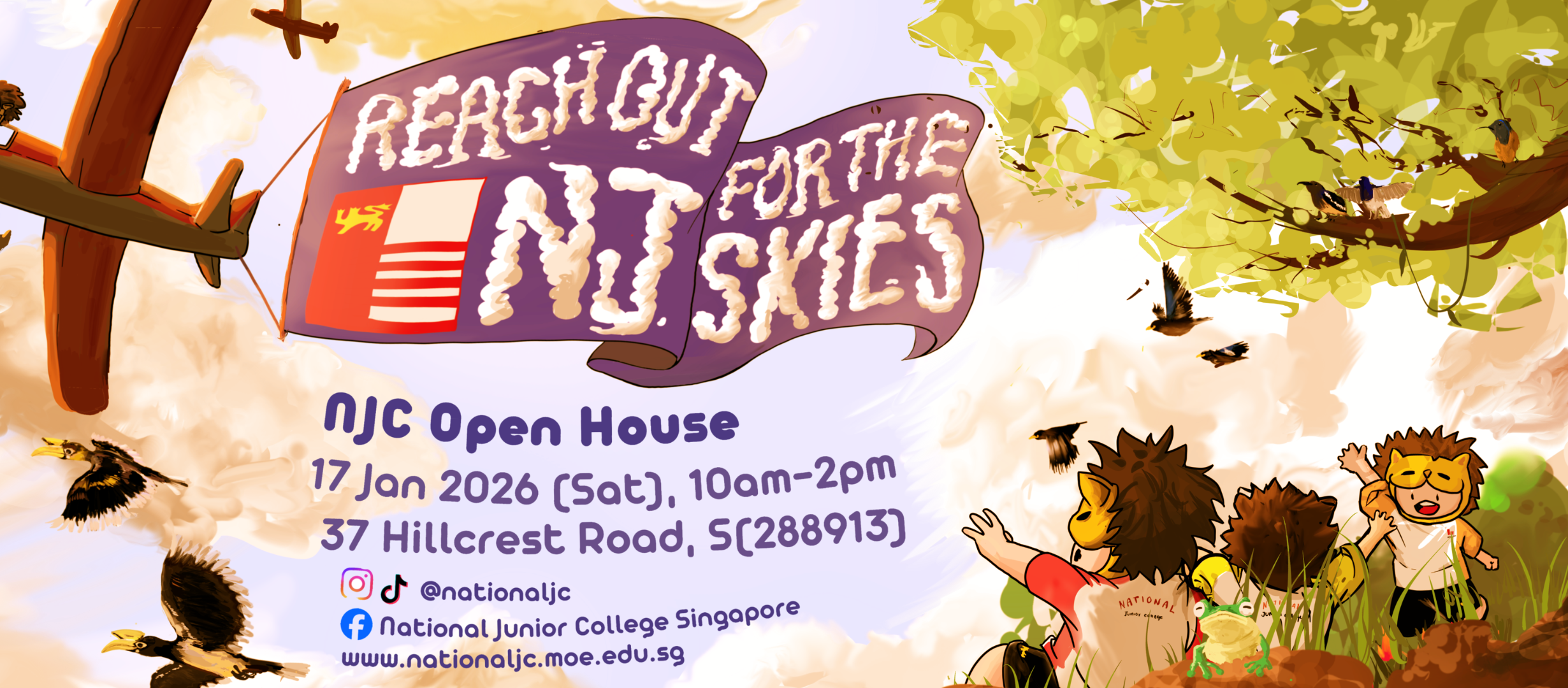 Colorful illustrated poster for NJC Open House on 17 Jan 2026, featuring cartoon lion mascots and the slogan Reach Out for the NJC Skies.