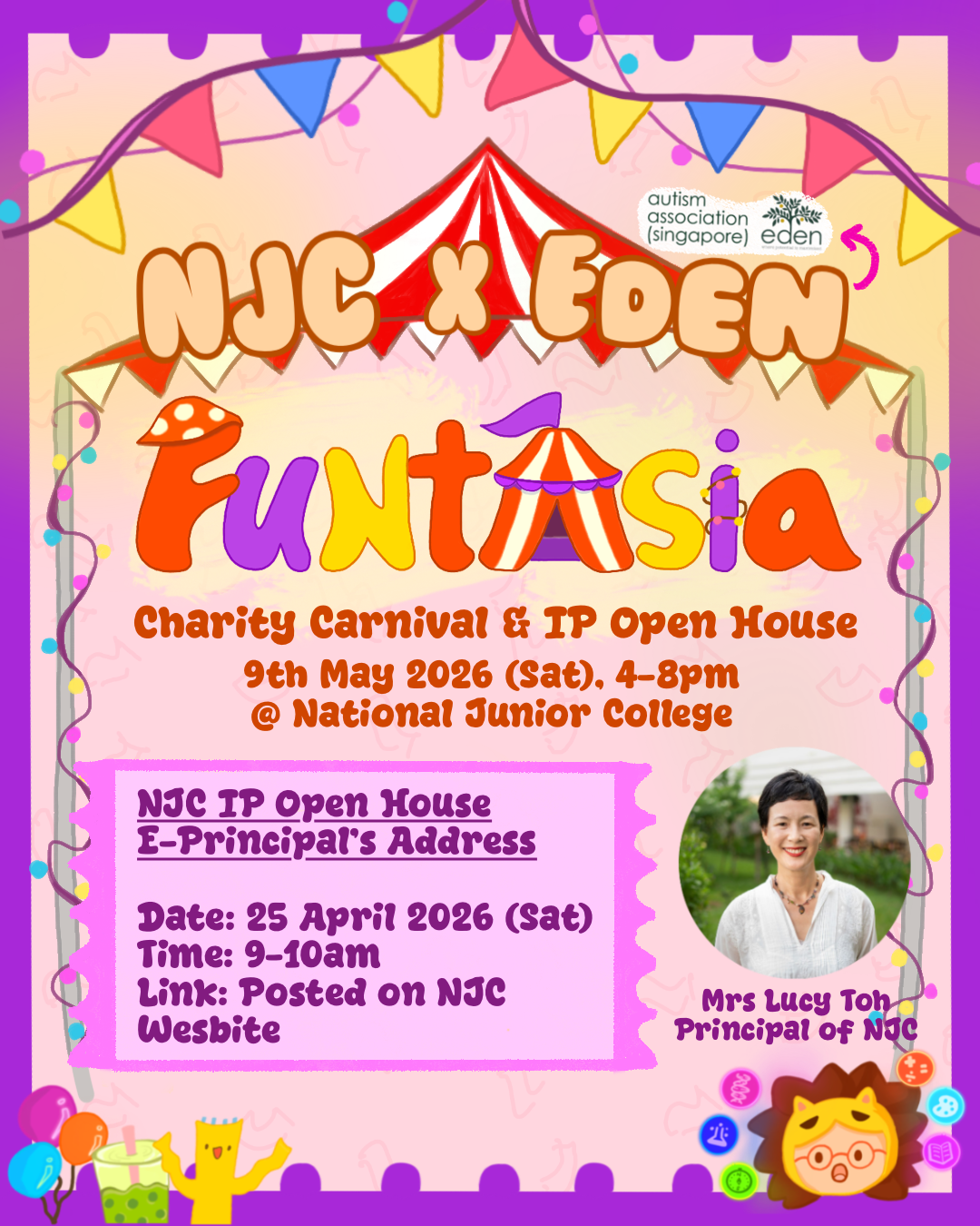 Colorful carnival flyer for NJC x Eden Funtasia Charity Carnival on 9 May 2026 at National Junior College.