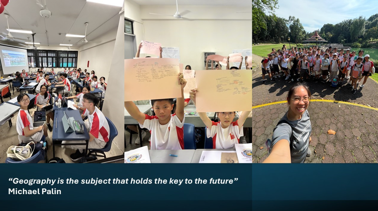 Three photos of school students in a classroom and outdoors, with a geography quote by Michael Palin below.