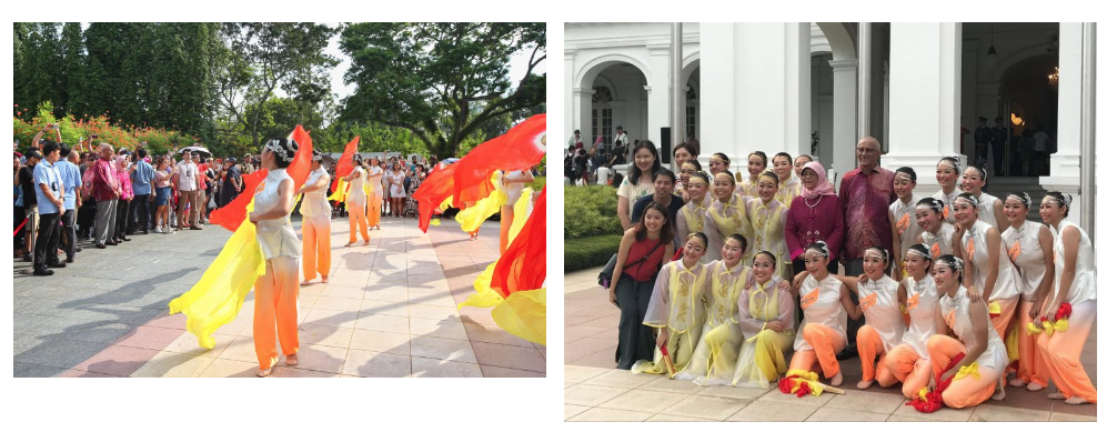 Performers in colorful costumes wave large red and yellow flags outdoors, and a group photo of dancers in yellow and white attire.