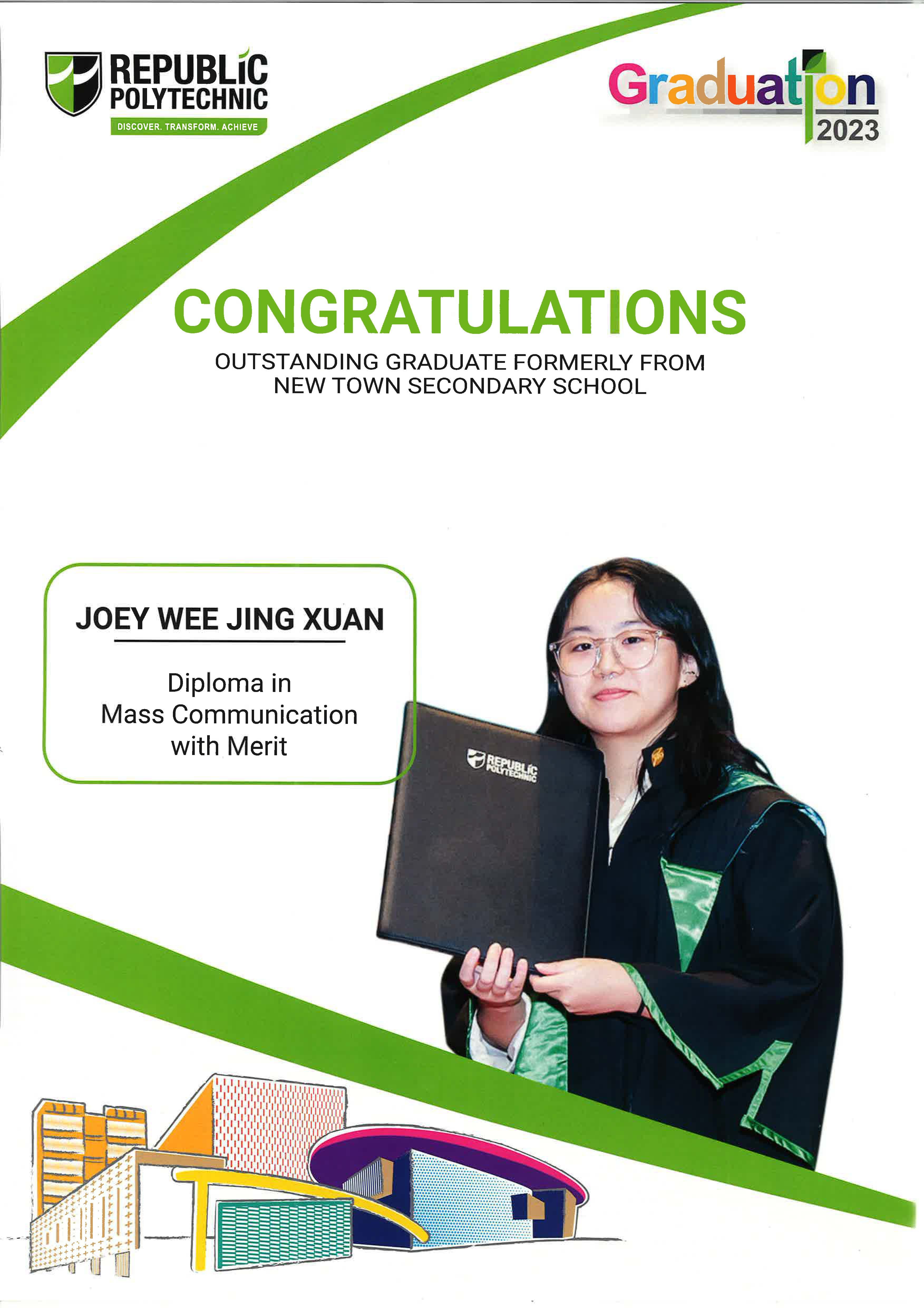 A poster of alumnus Joey Wee Jing Xuan with their achievements listed.