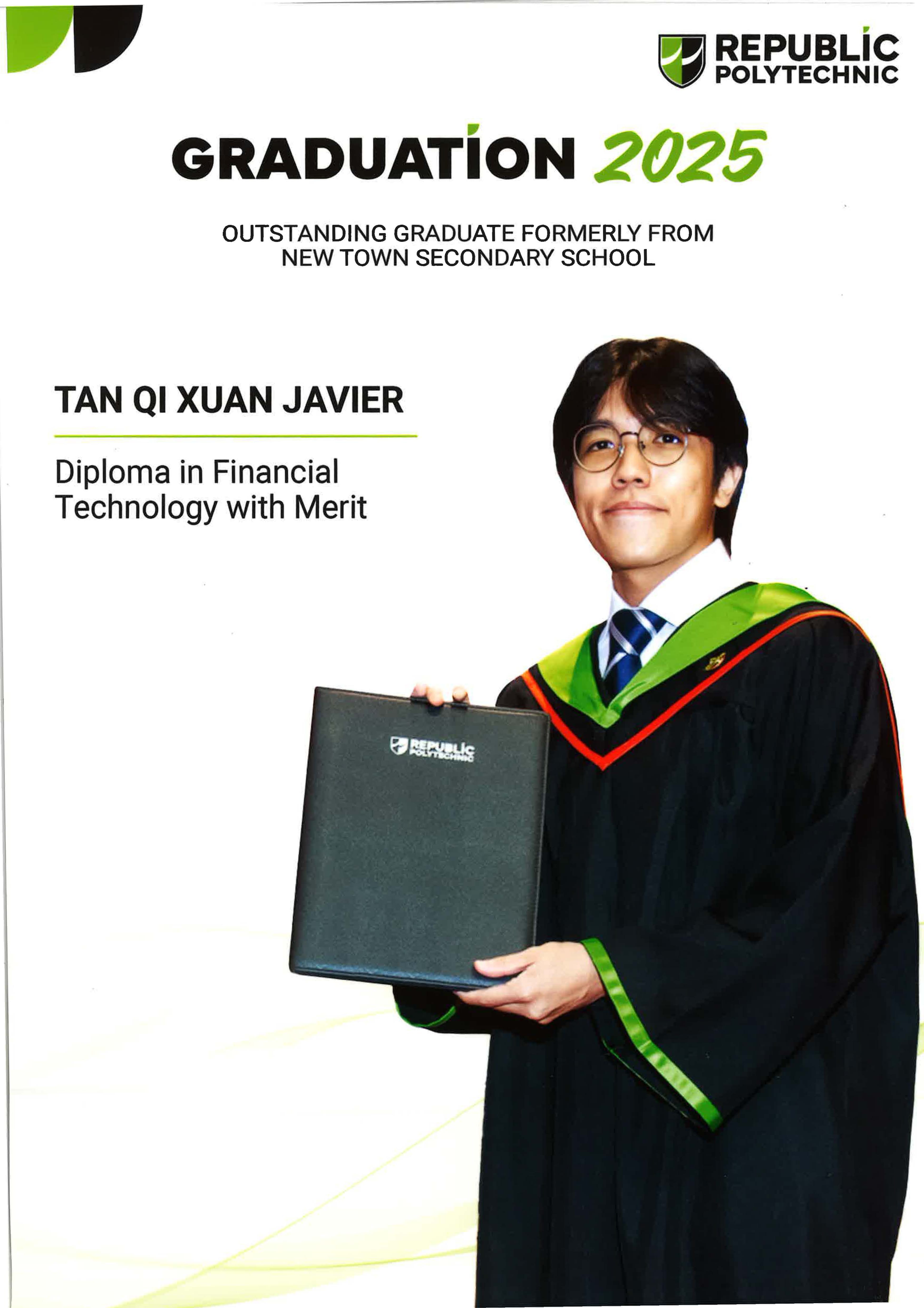 A poster of alumnus Tan Qi Xuan Javier with their achievements listed.