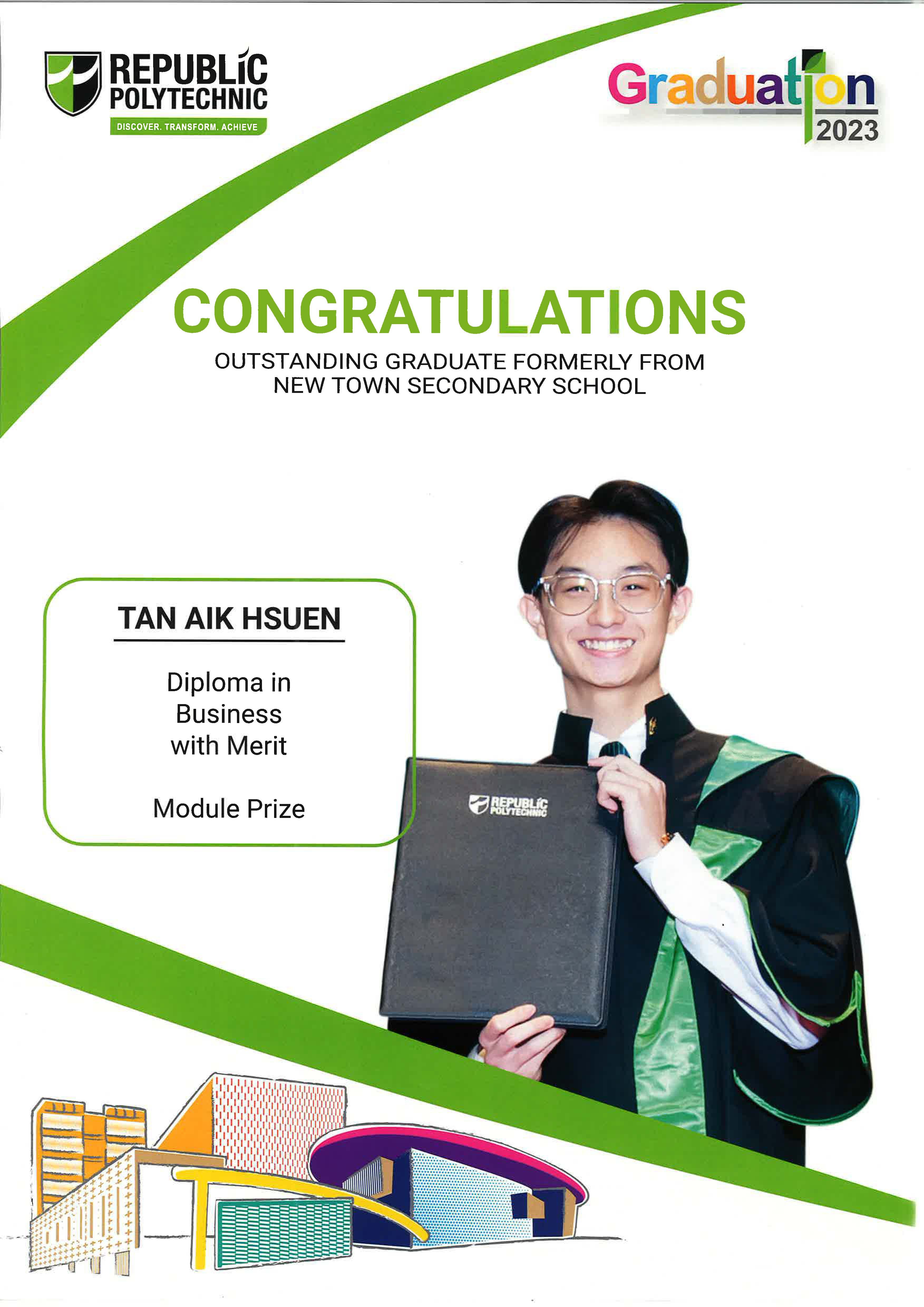 A poster of alumnus Tan Aik Hsuen with their achievements listed.
