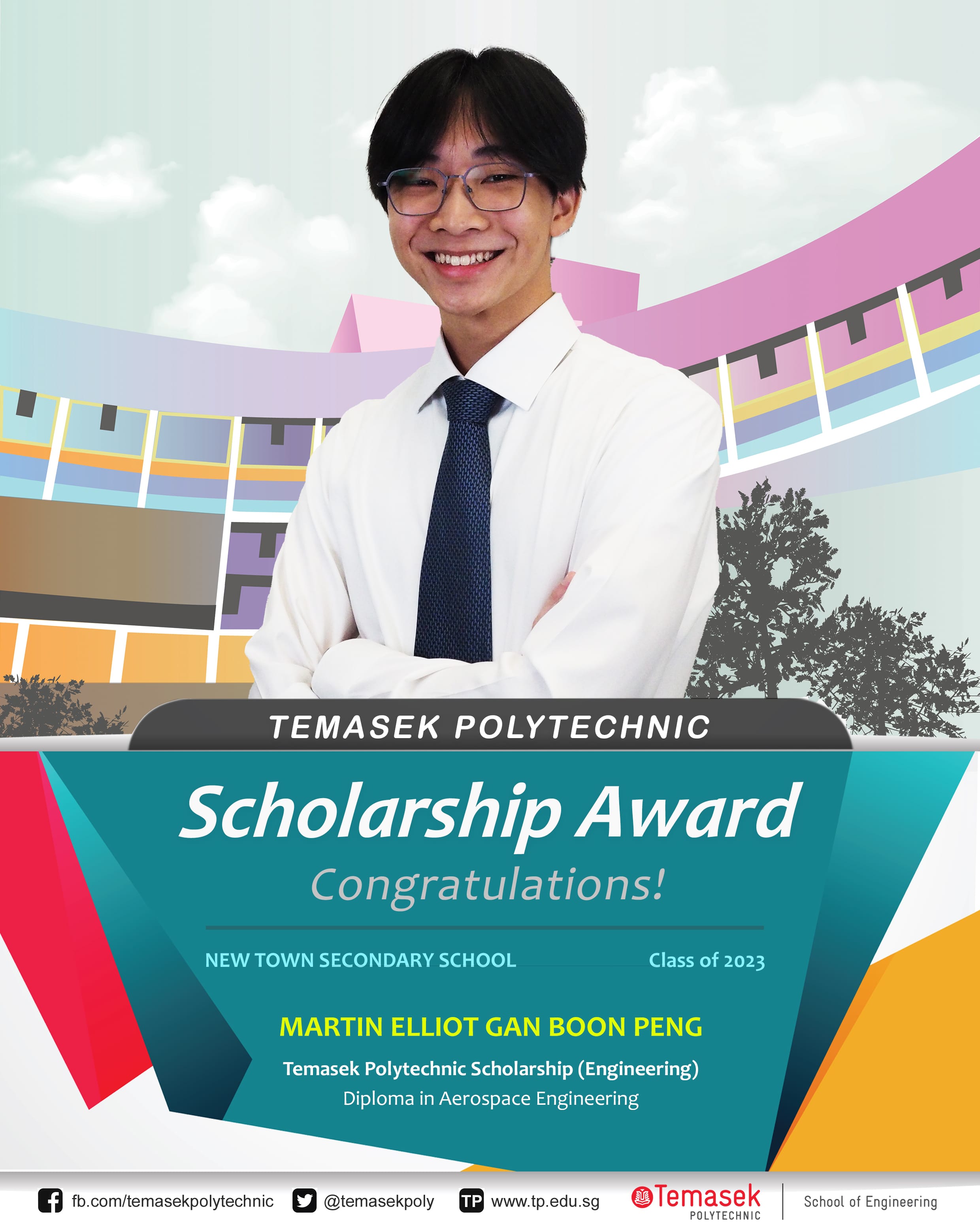 A poster of alumnus Martin Elliot Gan Boon Peng and a description of the scholarship he was awarded.