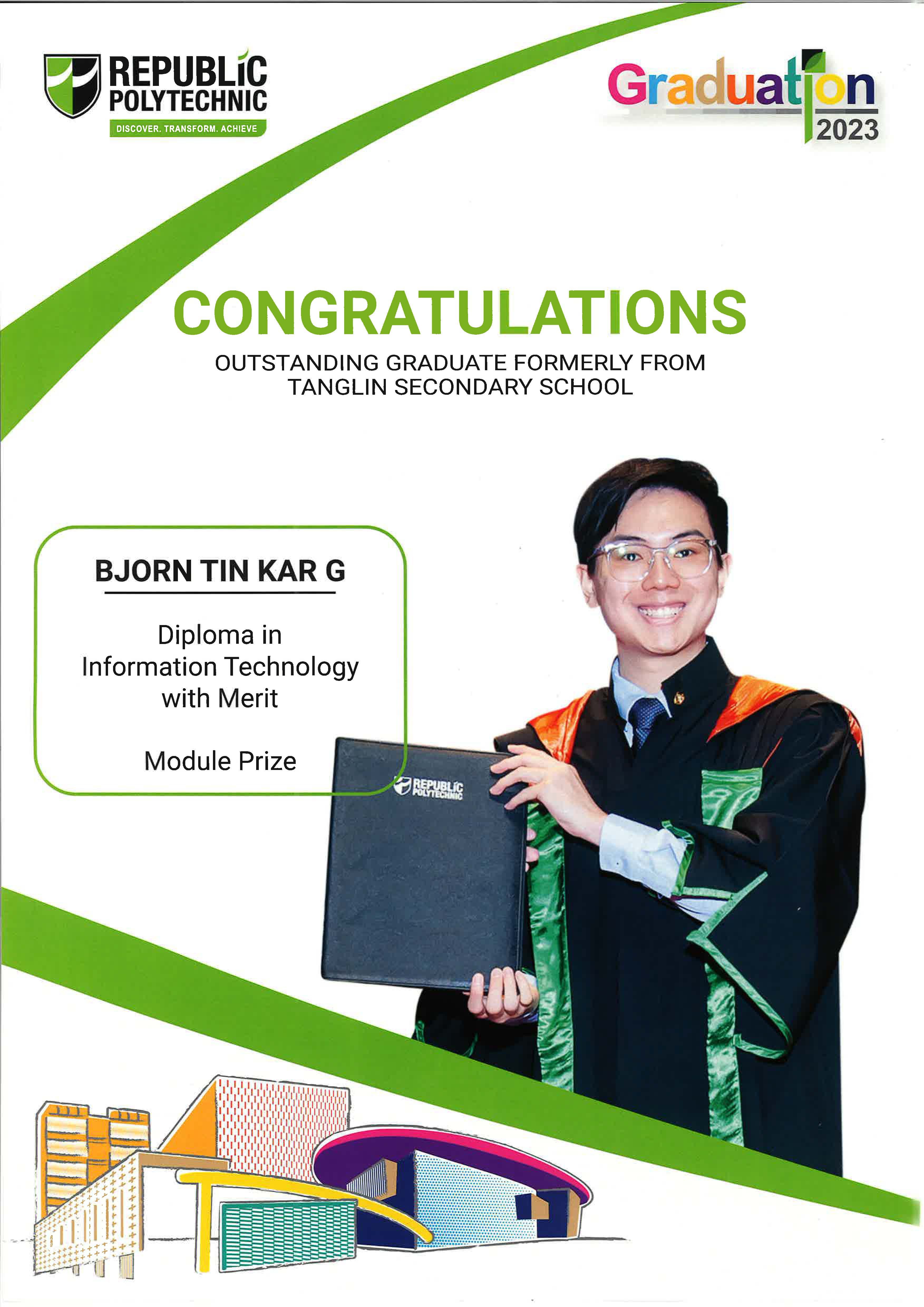 A poster of alumnus Bjorn Ting Kar G with their achievements listed.