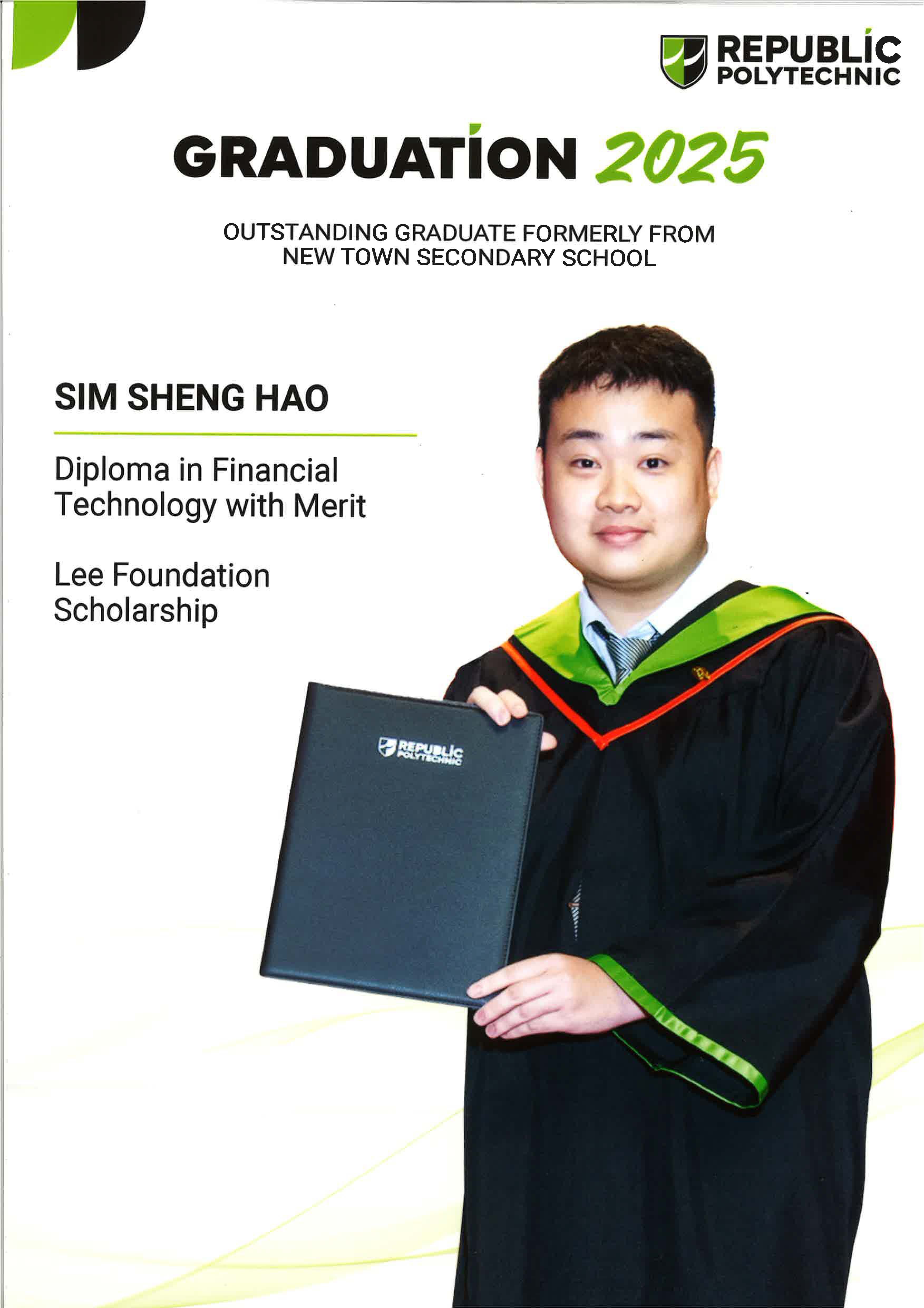 A poster of alumnus Sim Sheng Hao with their achievements listed.