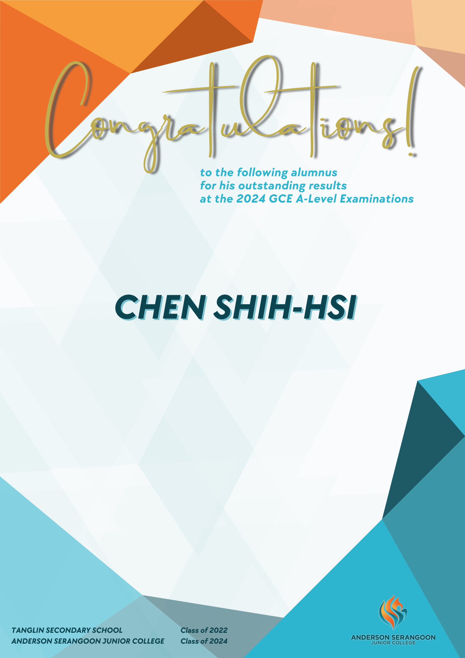 A poster congratulating alumnus Chen Shih-Hsi for their achievements.