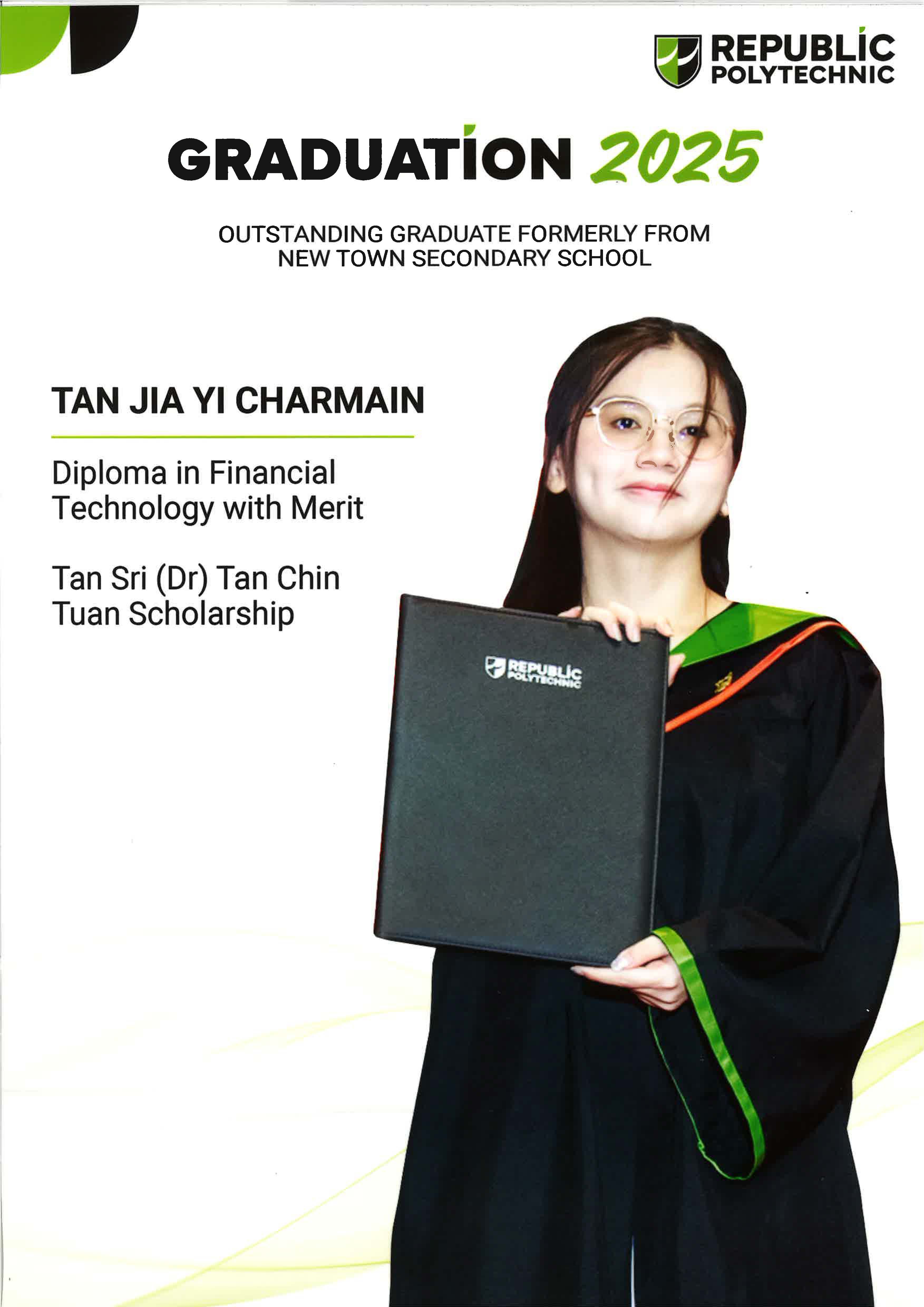 A poster of alumnus Tan Jia Yi Charmain with their achievements listed.