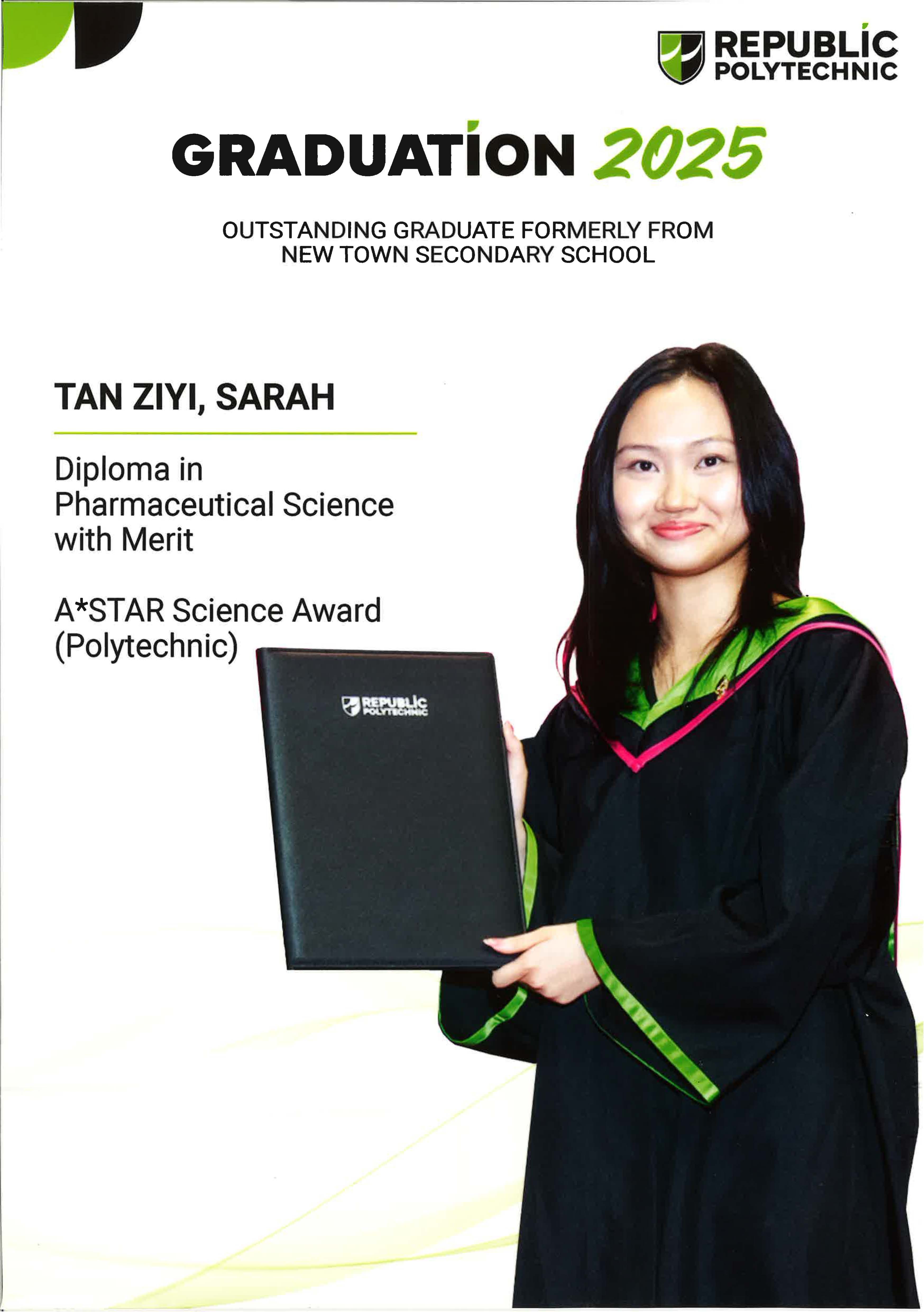 A poster of alumnus Tan Ziyi Sarah with their achievements listed.