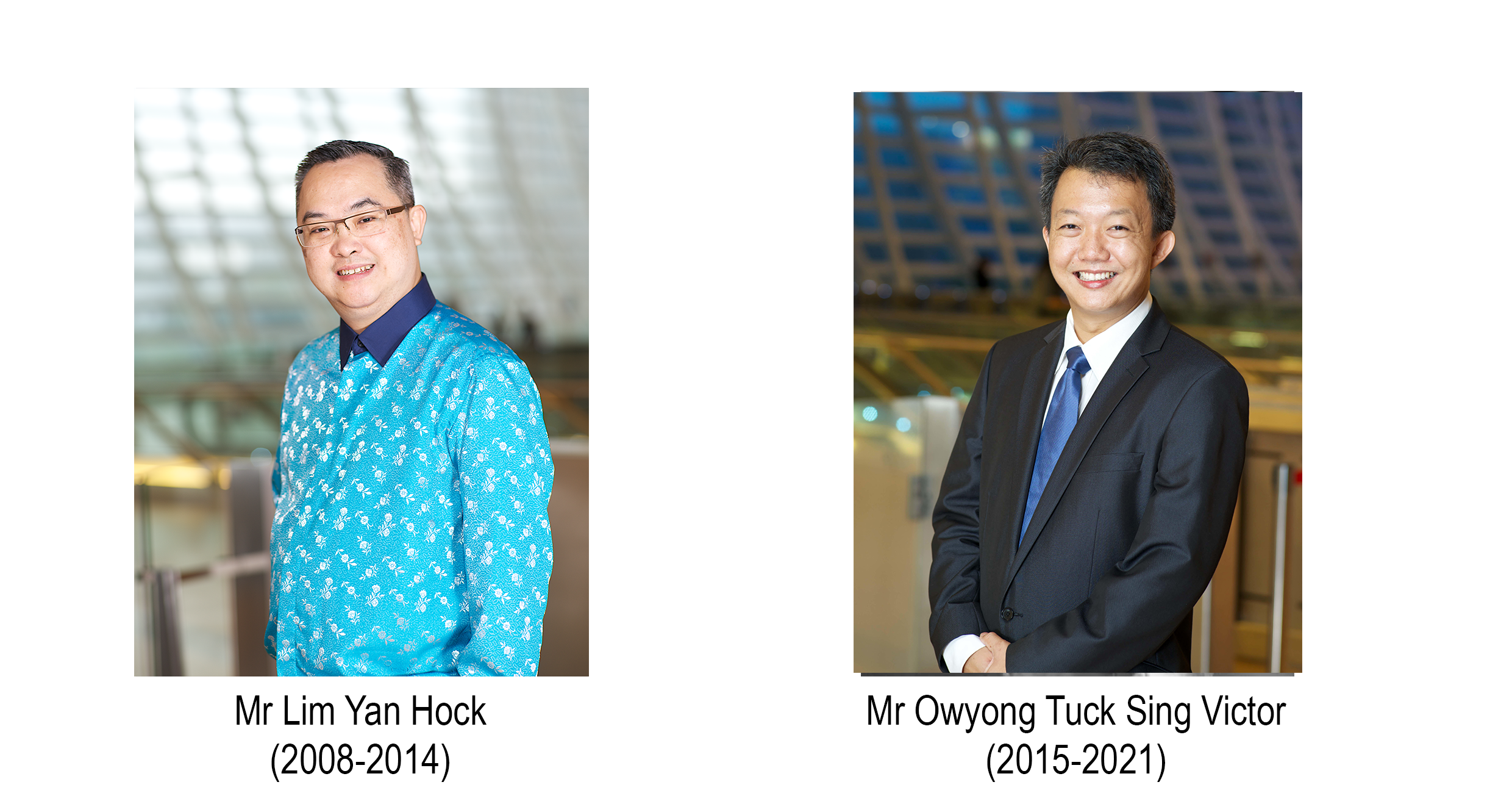 Two men: Mr Lim Yan Hock in a teal batik shirt and Mr Owyong Tuck Sing Victor in a dark suit with blue tie.