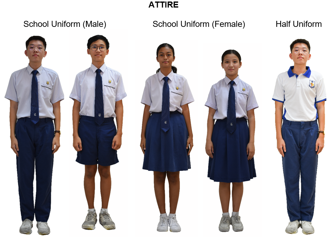 Five students showing school attire options: male uniforms with shorts or trousers, female uniforms with skirts, and a half uniform polo shirt.