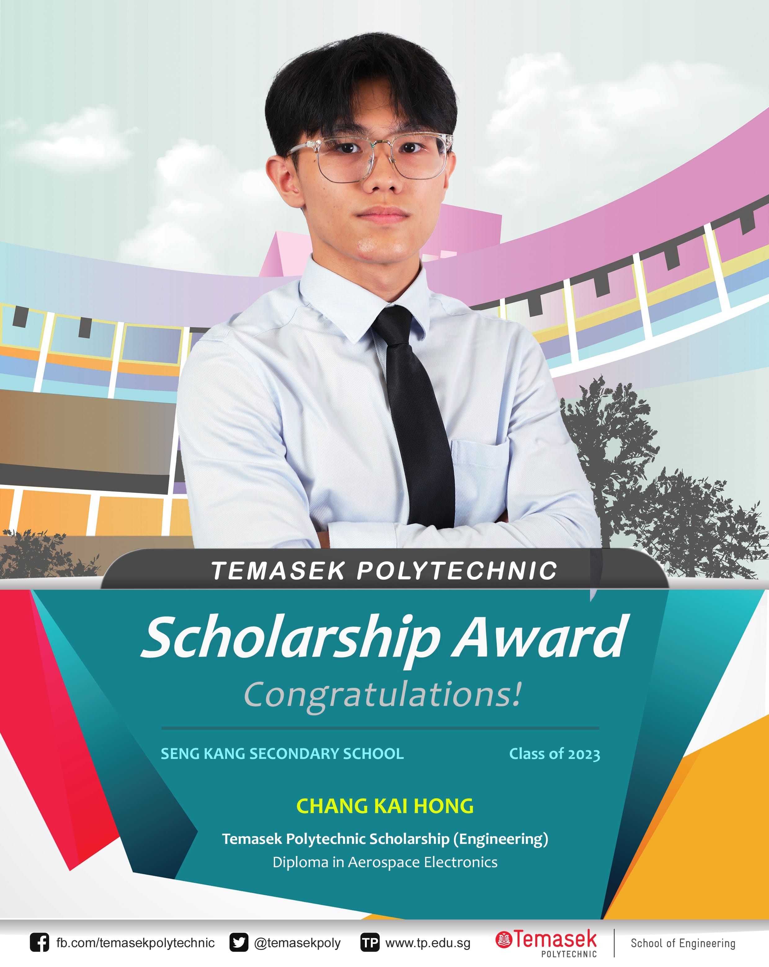 Young man with glasses and black tie receiving Temasek Polytechnic Scholarship Award for Aerospace Electronics, Class of 2023.