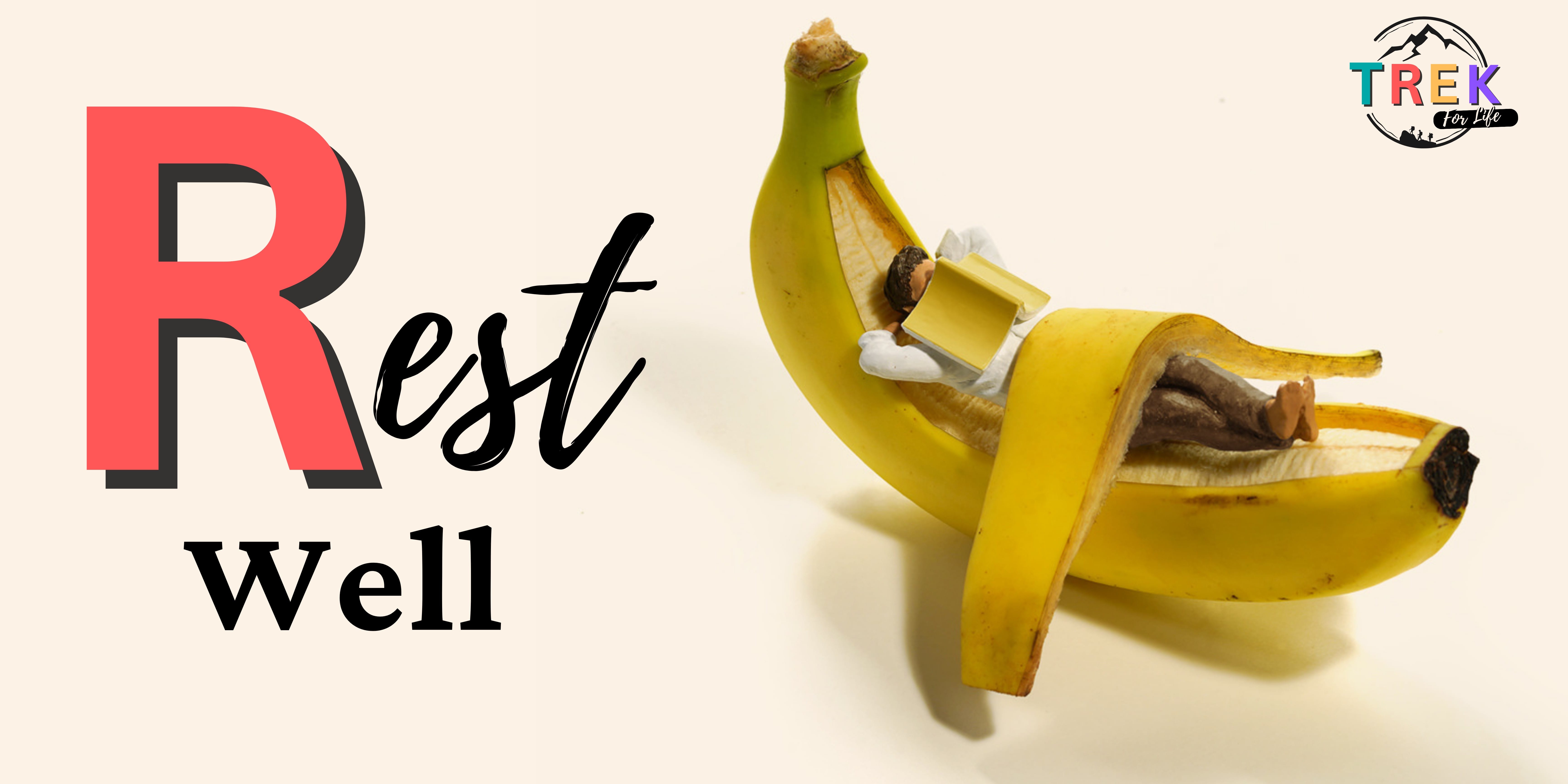 A tiny figurine of a person reading a book while reclining inside an open banana peel, with text saying Rest Well.
