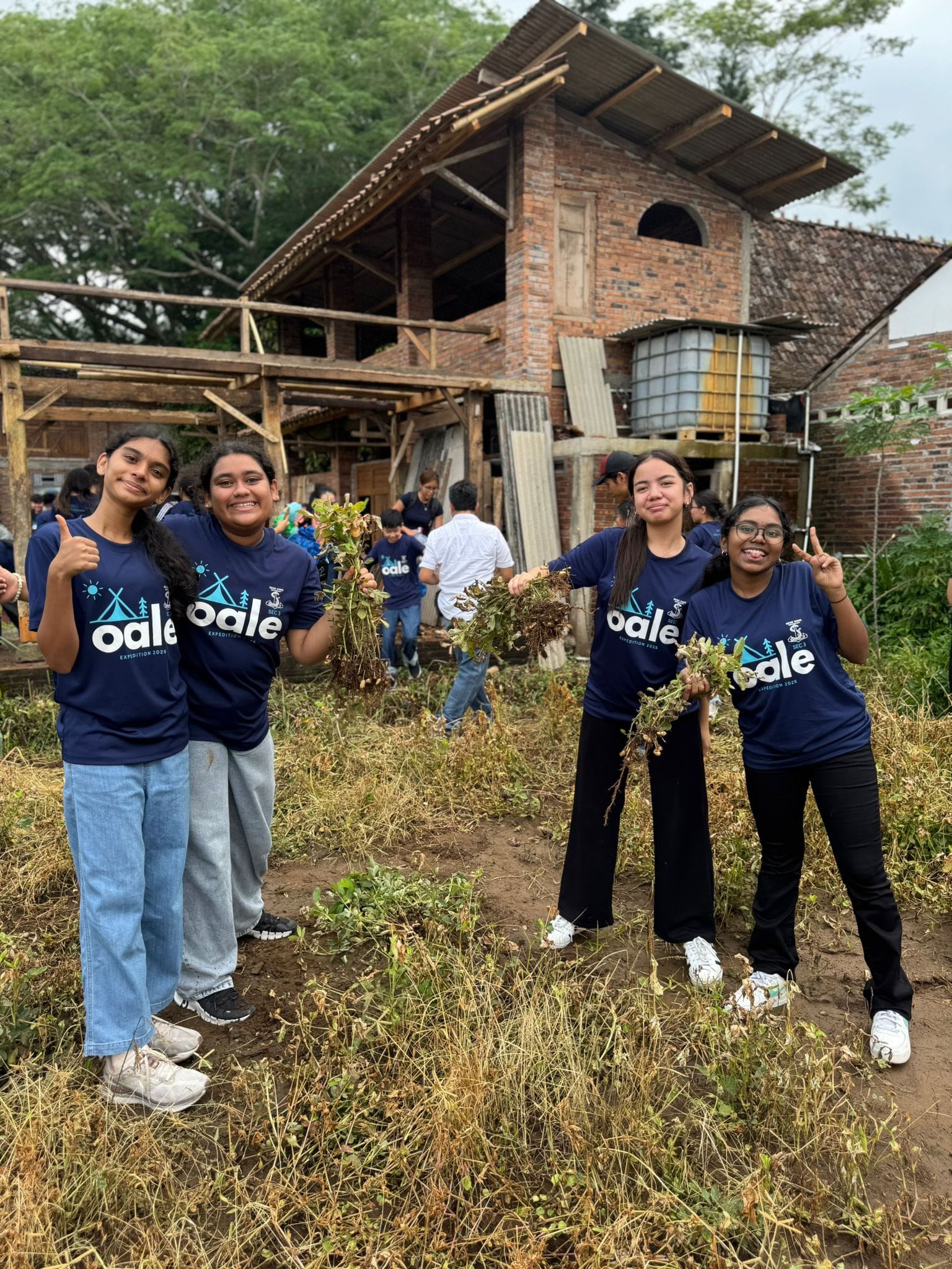 Four young women in matching blue Oale shirts smile and hold uprooted plants in a field near a brick building.