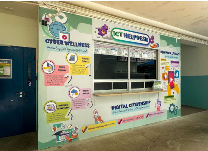 Colorful school wall mural featuring ICT Helpdesk, Cyber Wellness, Digital Citizenship, and New Media Literacy sections.