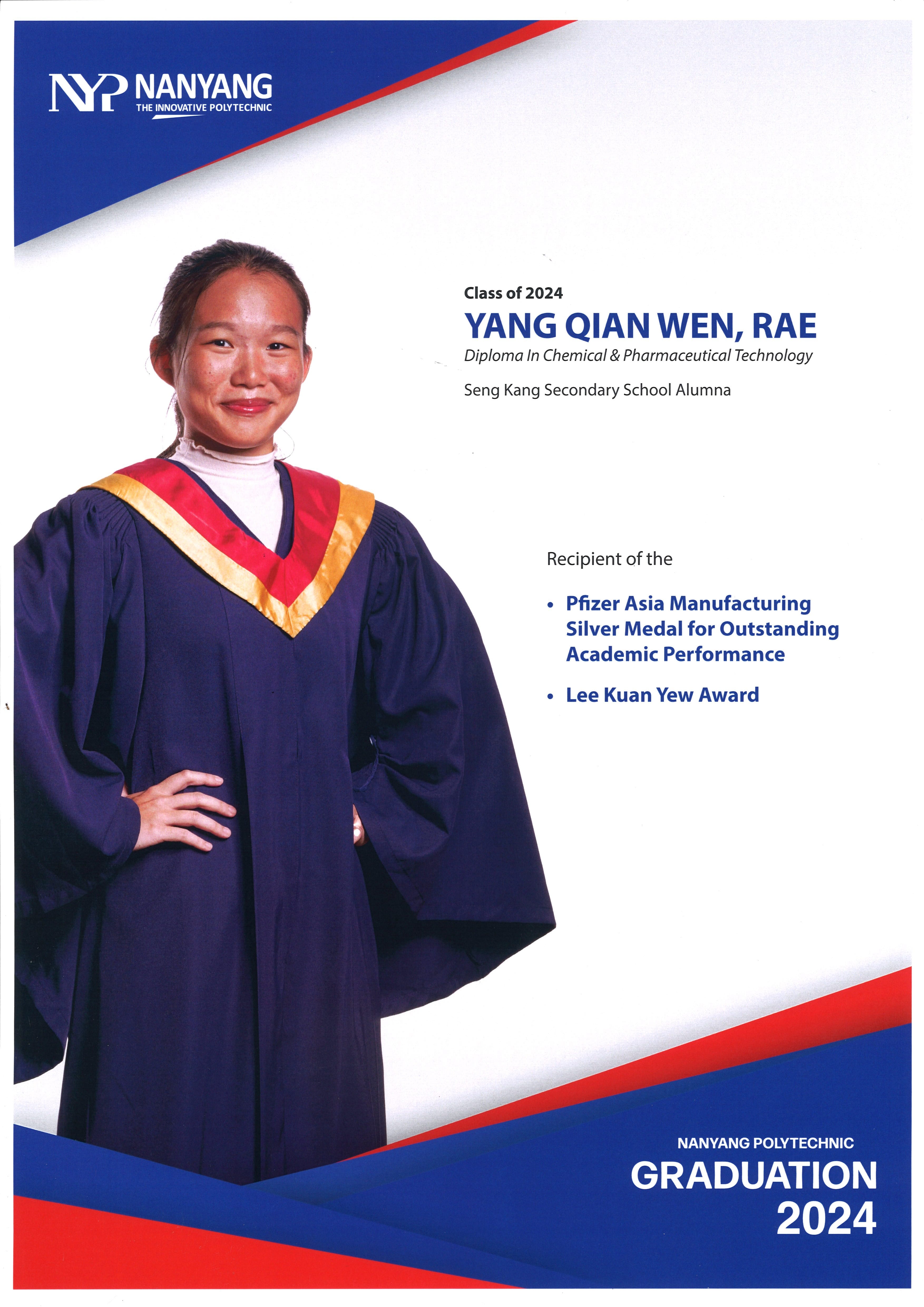 Nanyang Polytechnic 2024 graduation card for Yang Qian Wen, Rae, posing in a navy gown with red and gold sash.