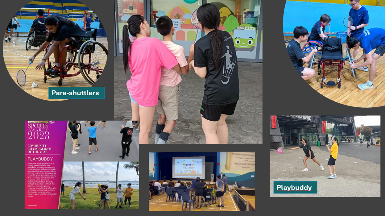 Collage of Para-shuttlers playing wheelchair badminton and Playbuddy program activities with children and volunteers.