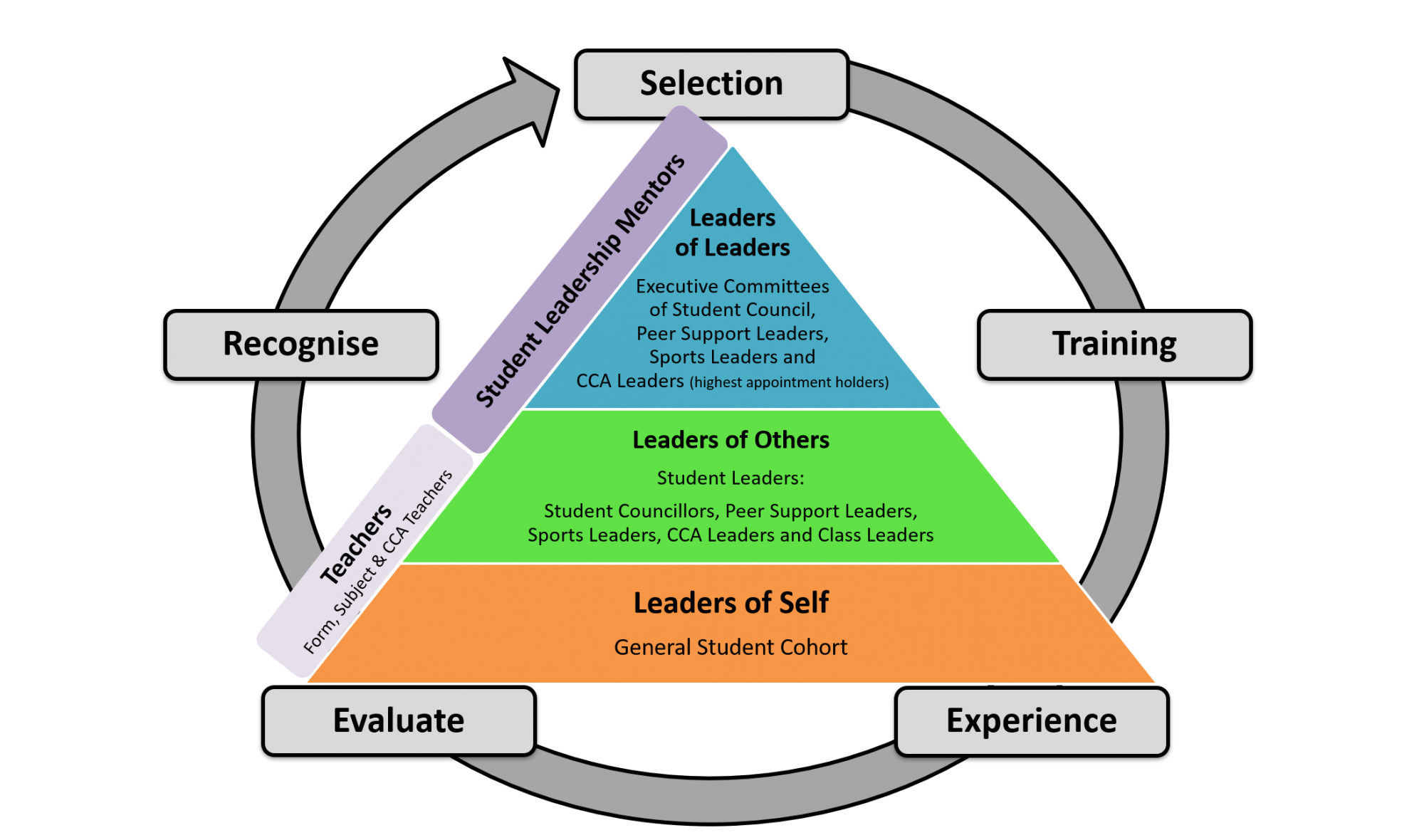 A three-tier leadership pyramid inside a circular cycle showing Selection, Training, Experience, Evaluate, and Recognise stages.