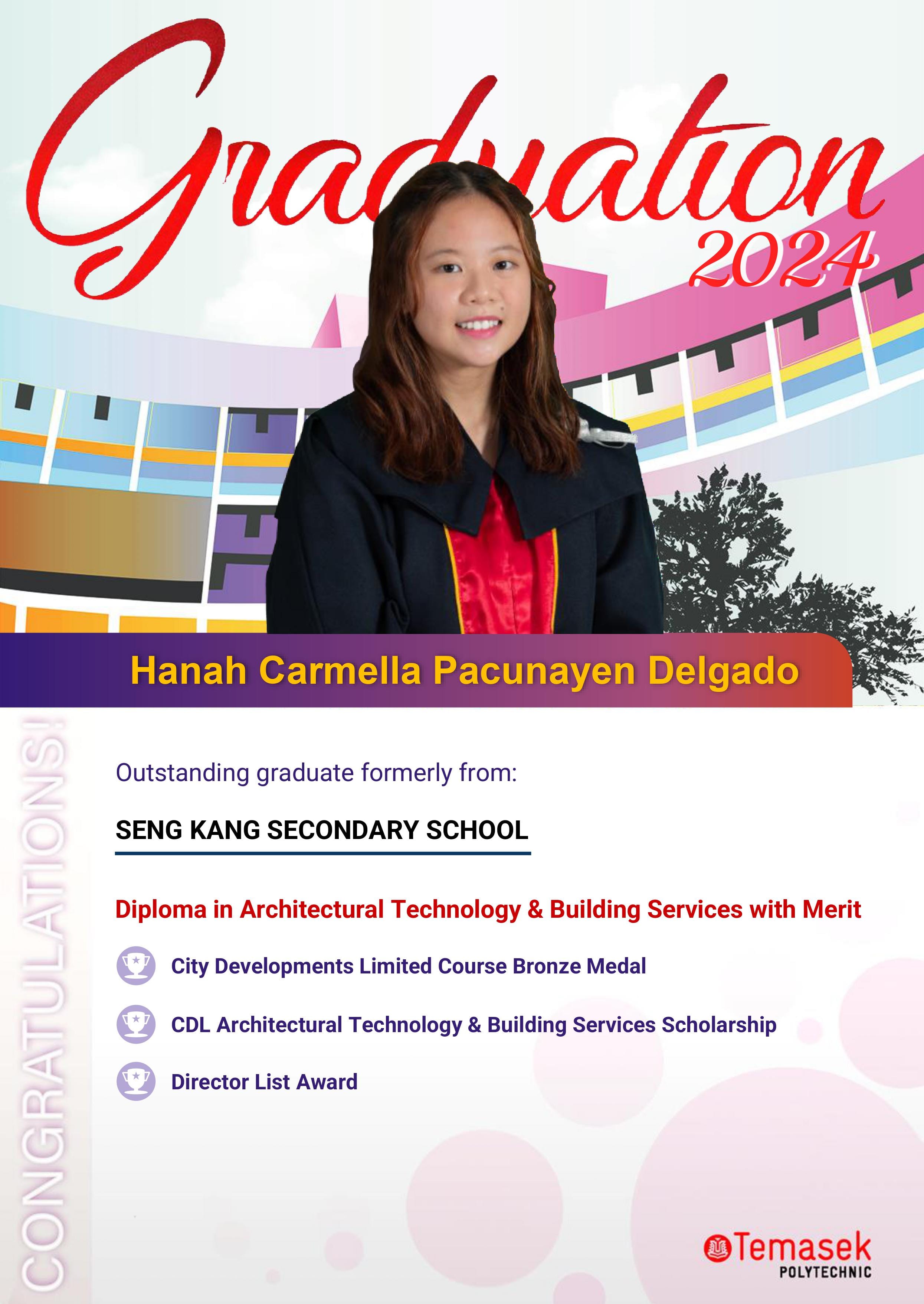 Temasek Polytechnic Graduation 2024 poster for Hanah Carmella Pacunayen Delgado in academic gown.