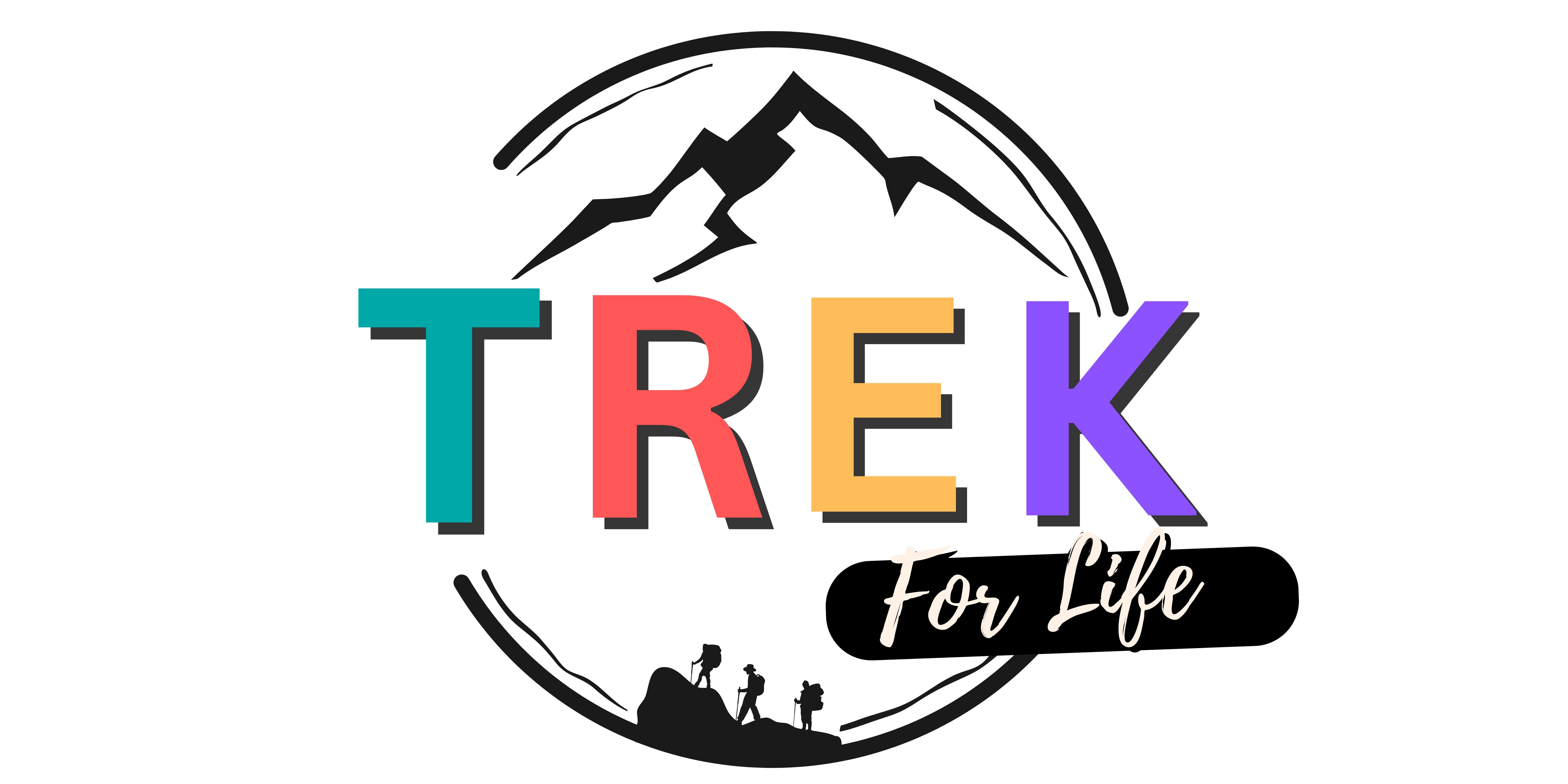 Circular emblem with colorful text reading TREK For Life, mountain peaks above, and hiker silhouettes below.