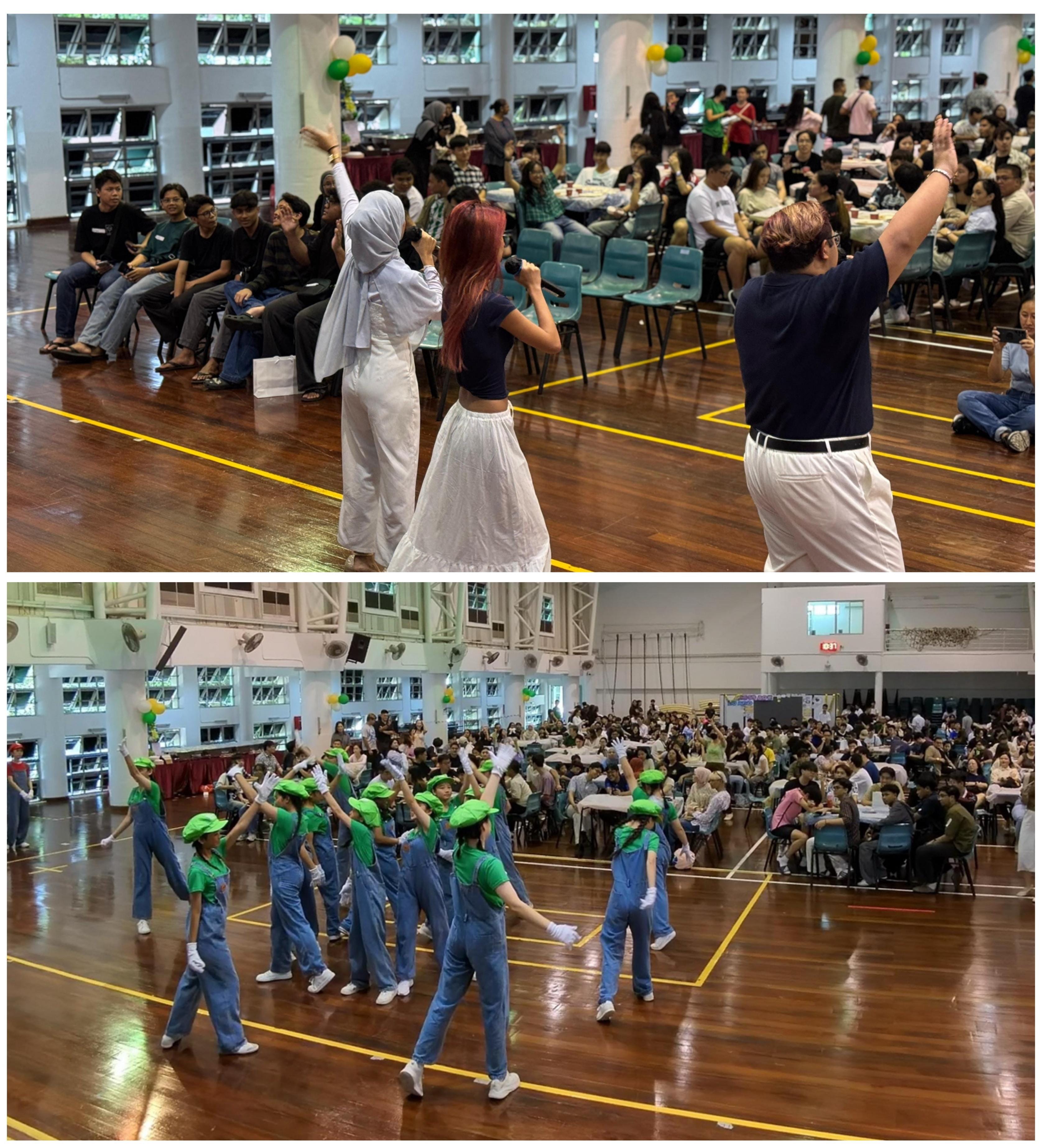 Two performance scenes in a hall: three dancers and a group in green caps and blue overalls dancing before a seated crowd.