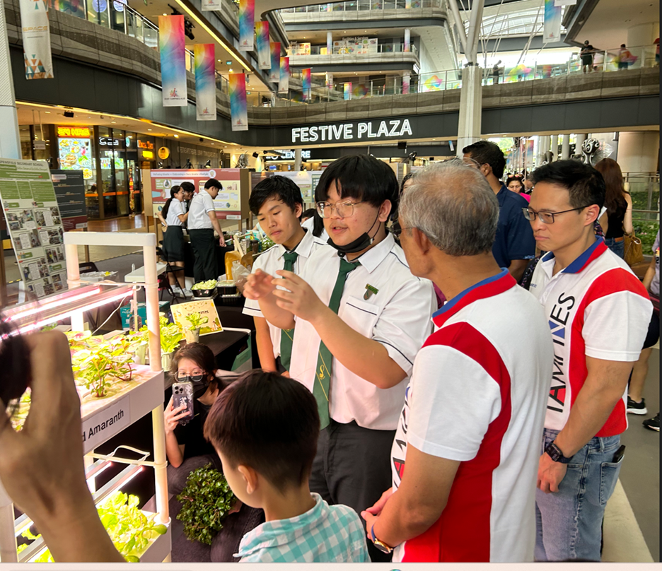 Students in uniforms present a lit indoor plant display labeled Amaranth to visitors at Festive Plaza mall.