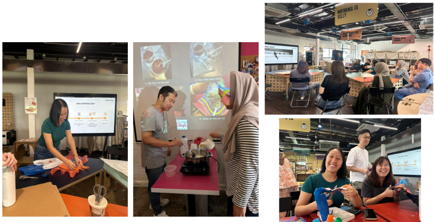 Four photos of people in a workshop setting, cooking, crafting, and attending a presentation together.