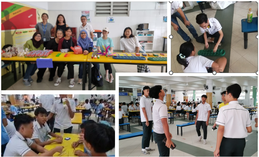 Four photos of students and teachers in a school setting, doing group activities, crafts, and socializing.