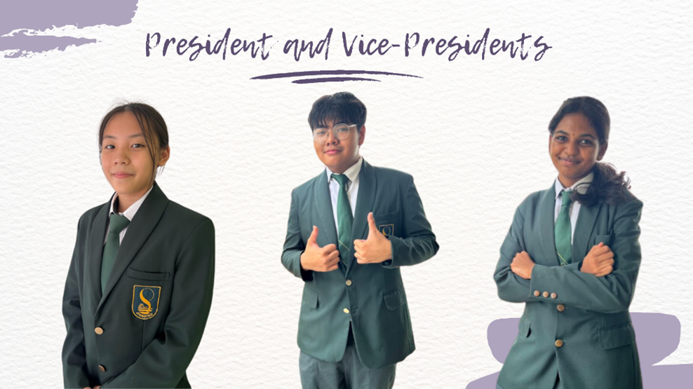 Three students in green school blazers labeled President and Vice-Presidents, one giving thumbs up and one with arms crossed.