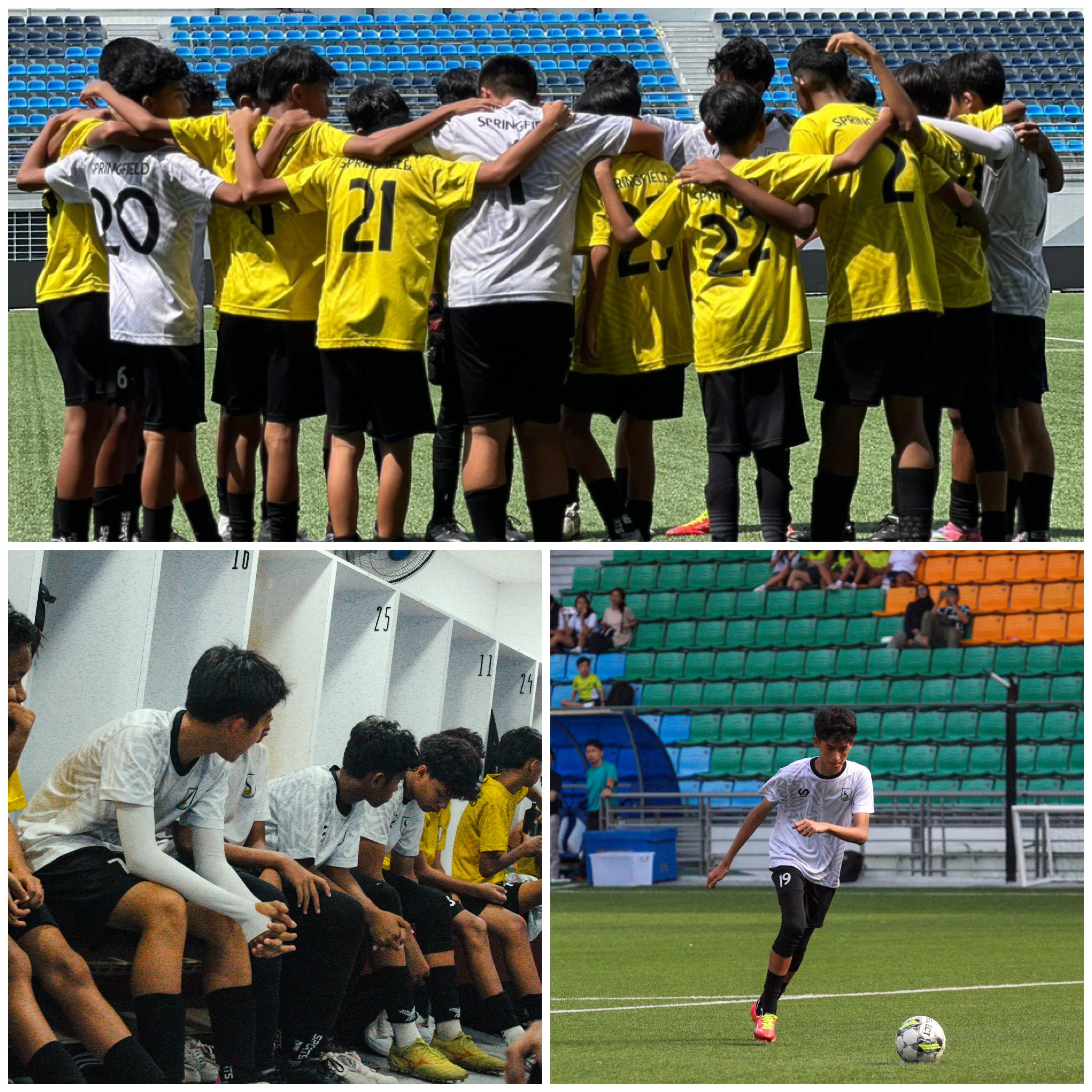 Youth soccer players huddle on a field, sit in a locker room, and one player dribbles a ball in a stadium.