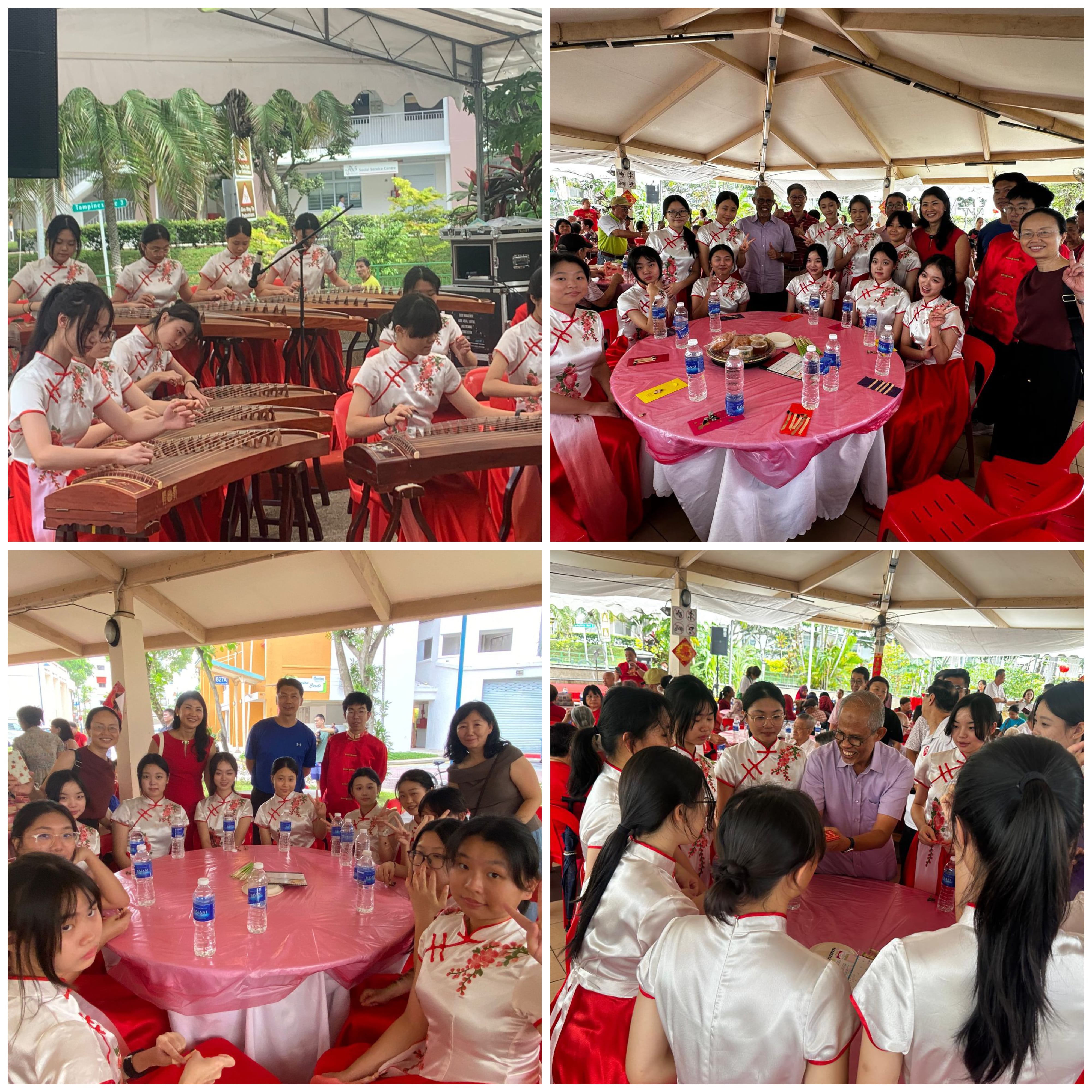 Four photos under a tent: girls play string instruments and pose around a table with adults.