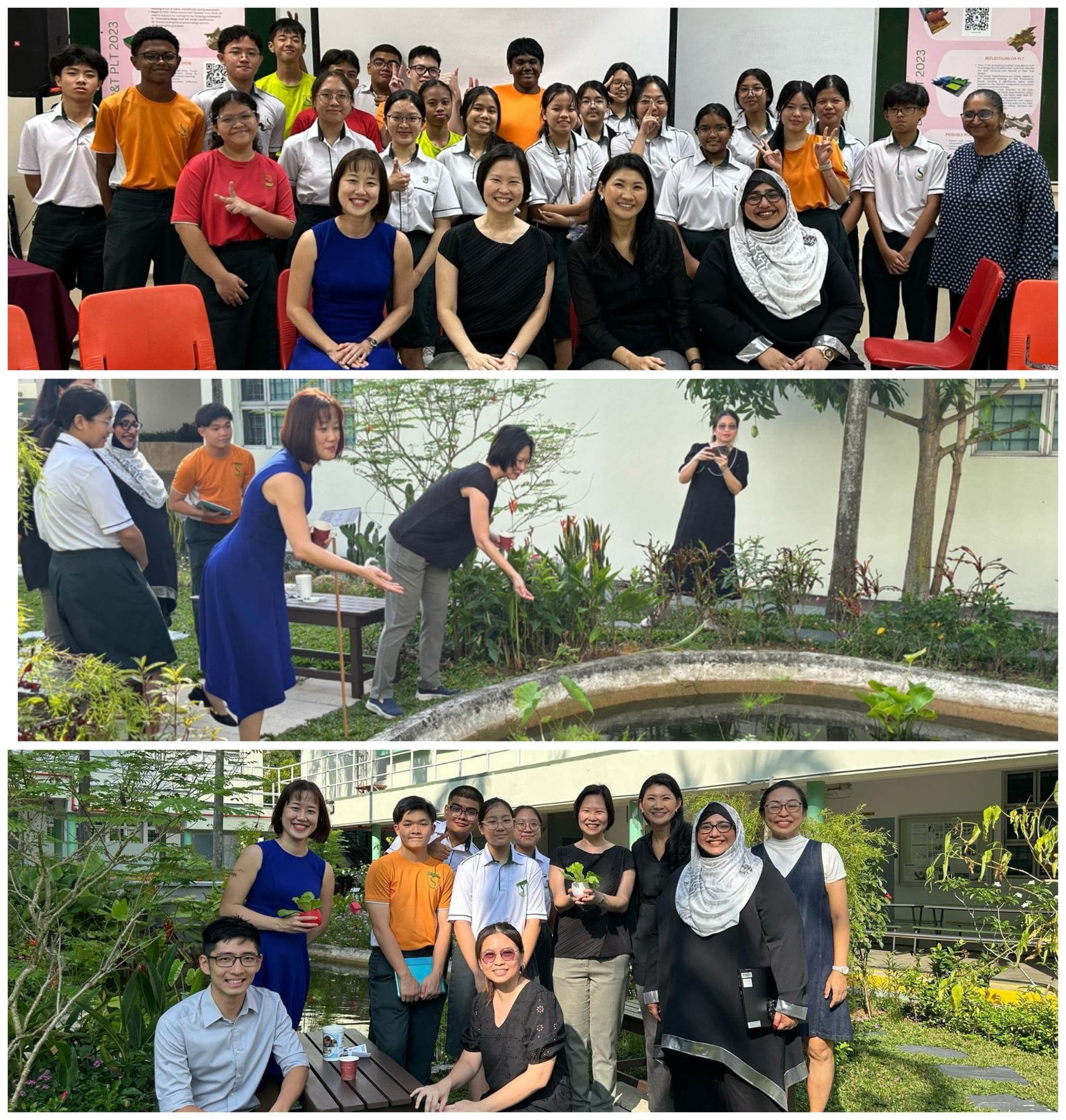 Three photos of a school group event: indoor group photo, outdoor garden activity, and a garden group pose with plants.