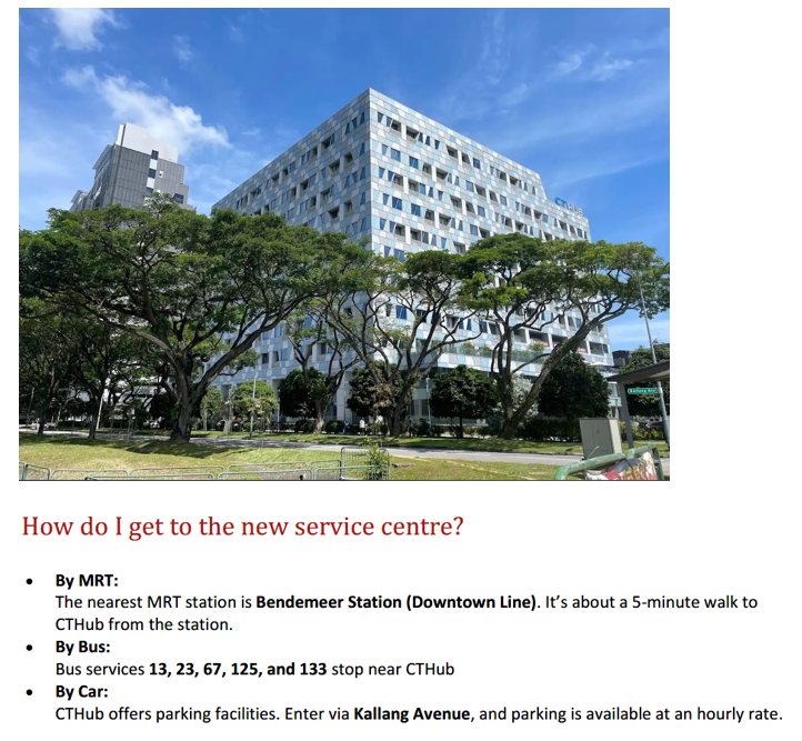A modern multi-story building surrounded by large trees under a blue sky, with directions to CTHub service centre below.