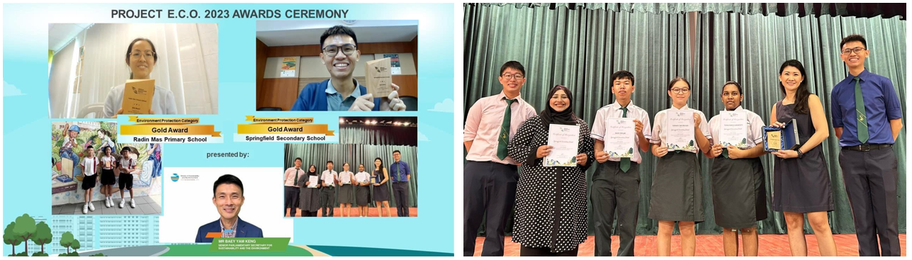 Students and teachers pose with certificates at the Project E.C.O. 2023 Awards Ceremony, with Gold Award winners shown.
