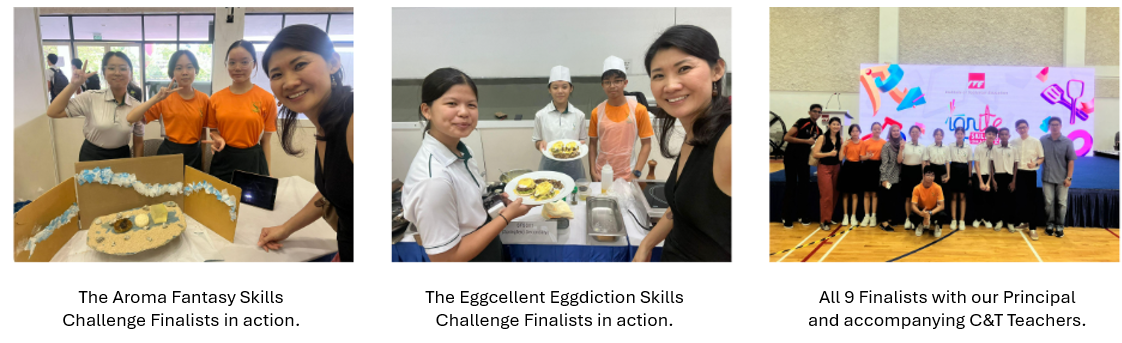 Three photos show skills challenge finalists presenting food projects and a group of 9 finalists with their principal and teachers.