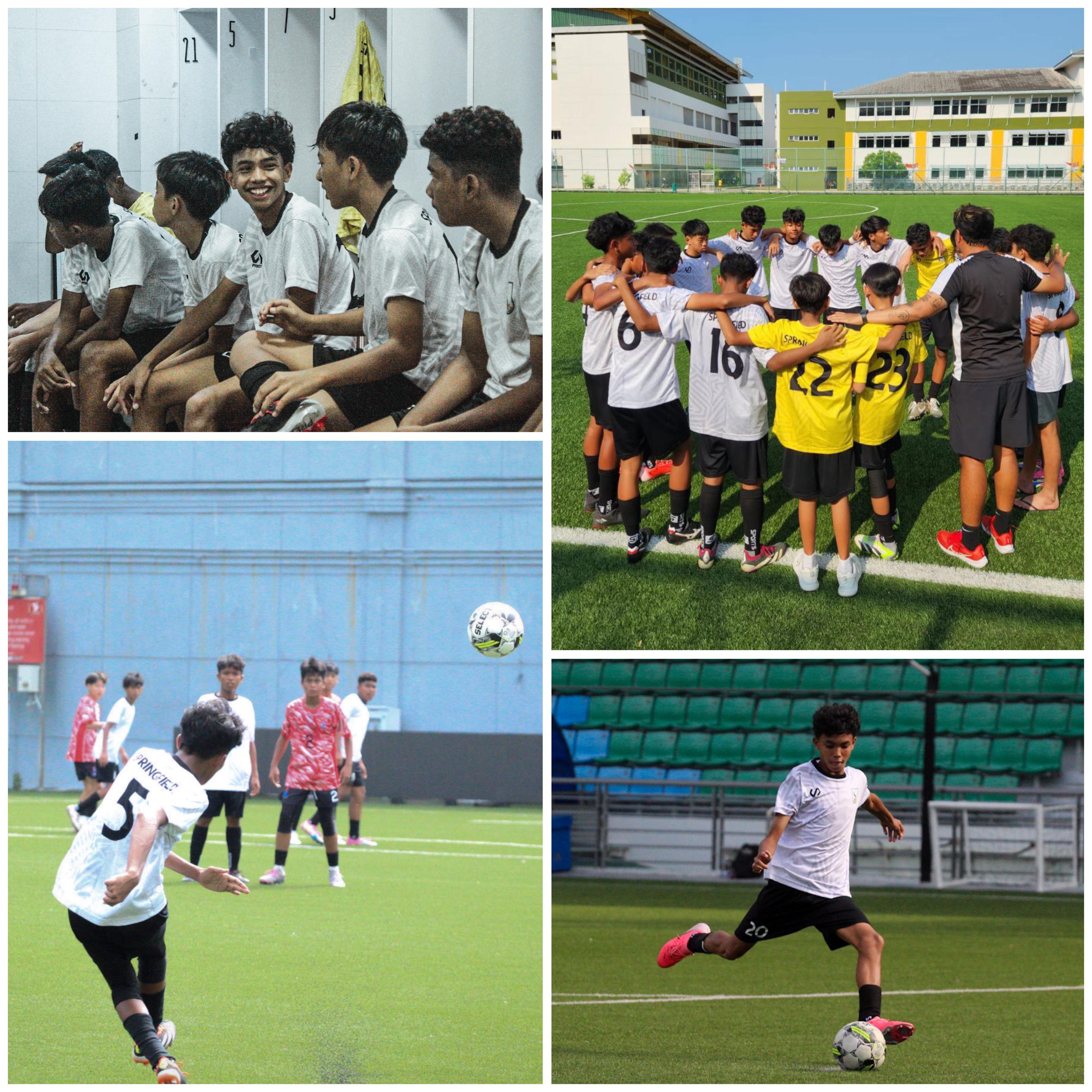 Four photos of young male soccer players in white kits, showing a locker room chat, team huddle, and match action.
