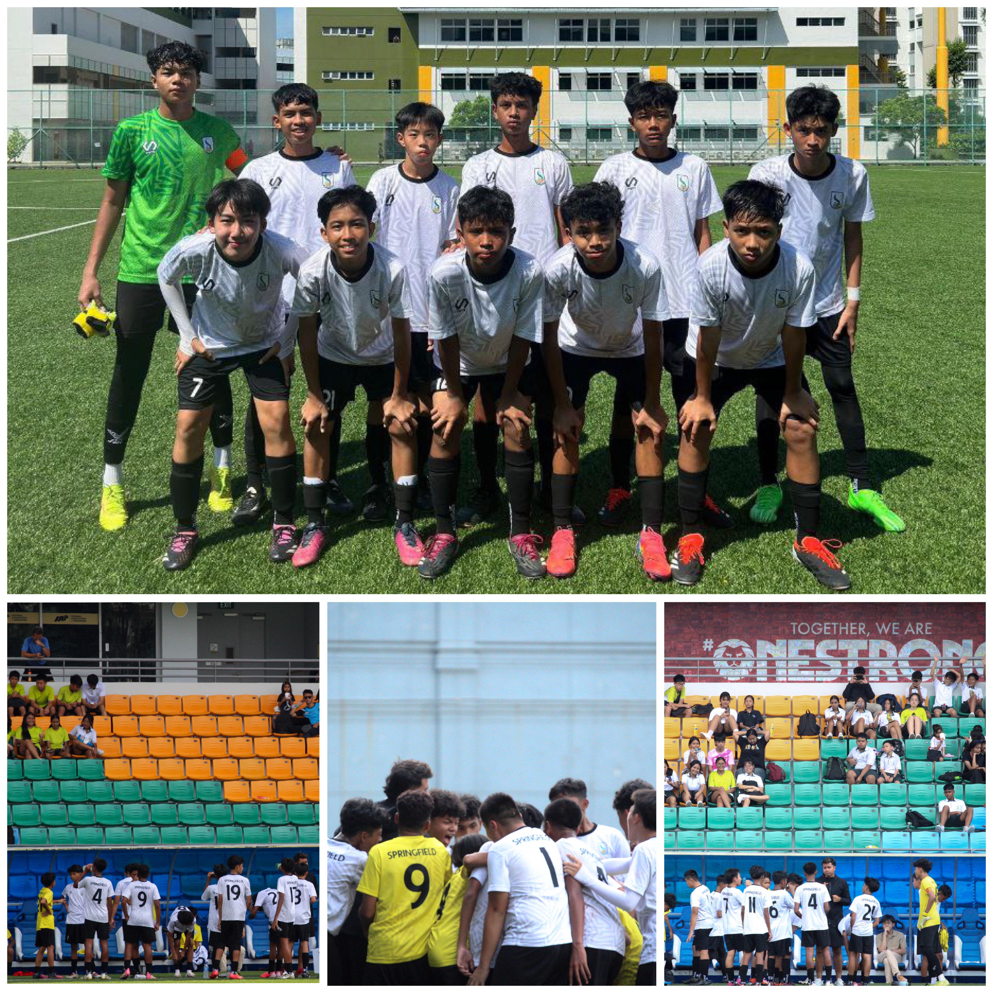 Youth soccer team in white and black uniforms poses on a green field, with action shots and colorful stadium seats below.
