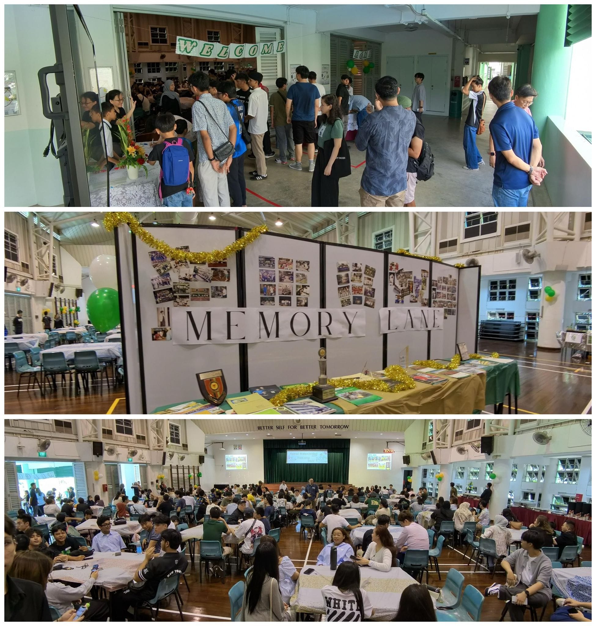 Three-panel school event showing a welcome entrance, a Memory Lane photo display board, and a crowded hall gathering.