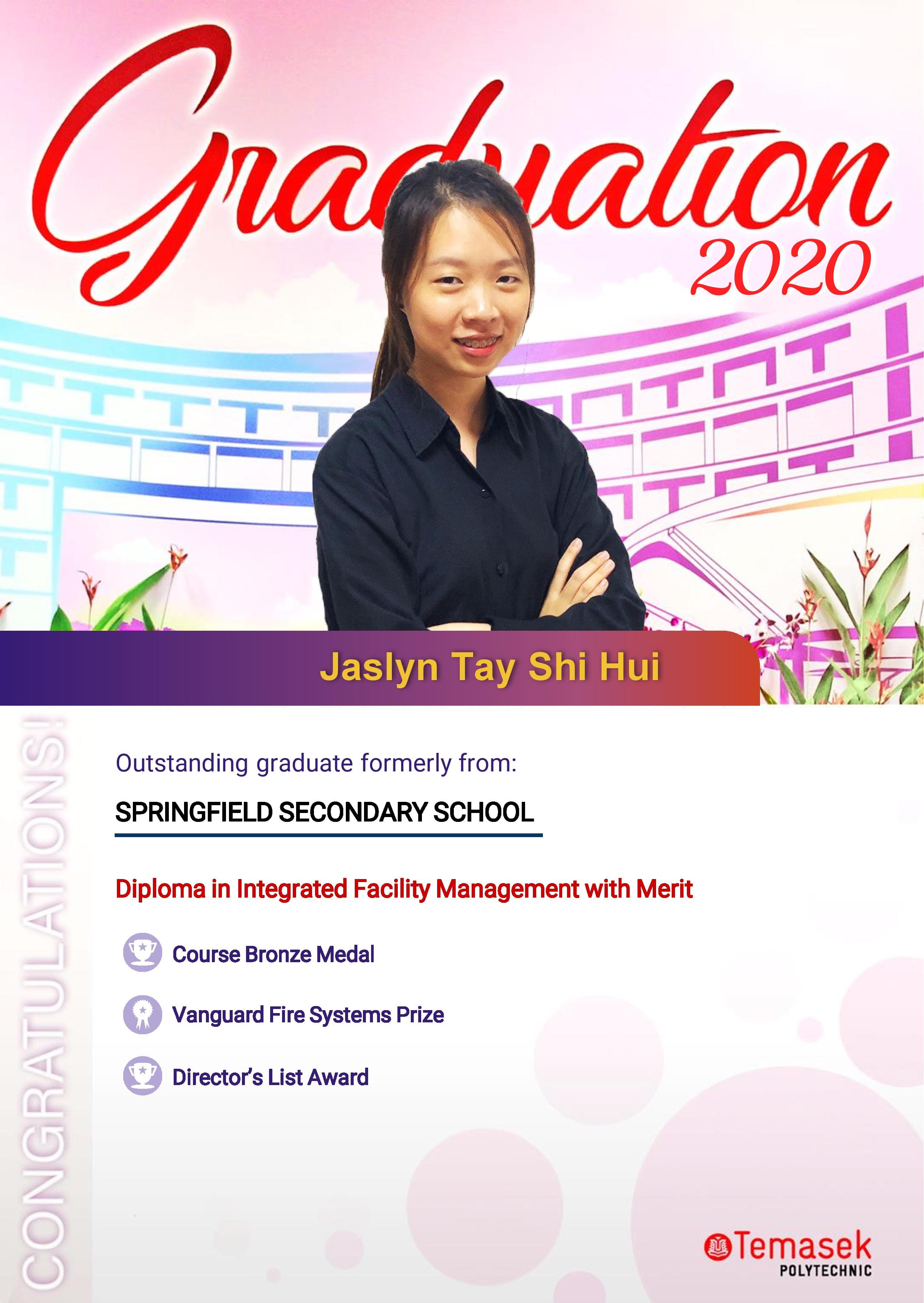 Temasek Polytechnic Graduation 2020 card for Jaslyn Tay Shi Hui, smiling young woman in black shirt with arms crossed.